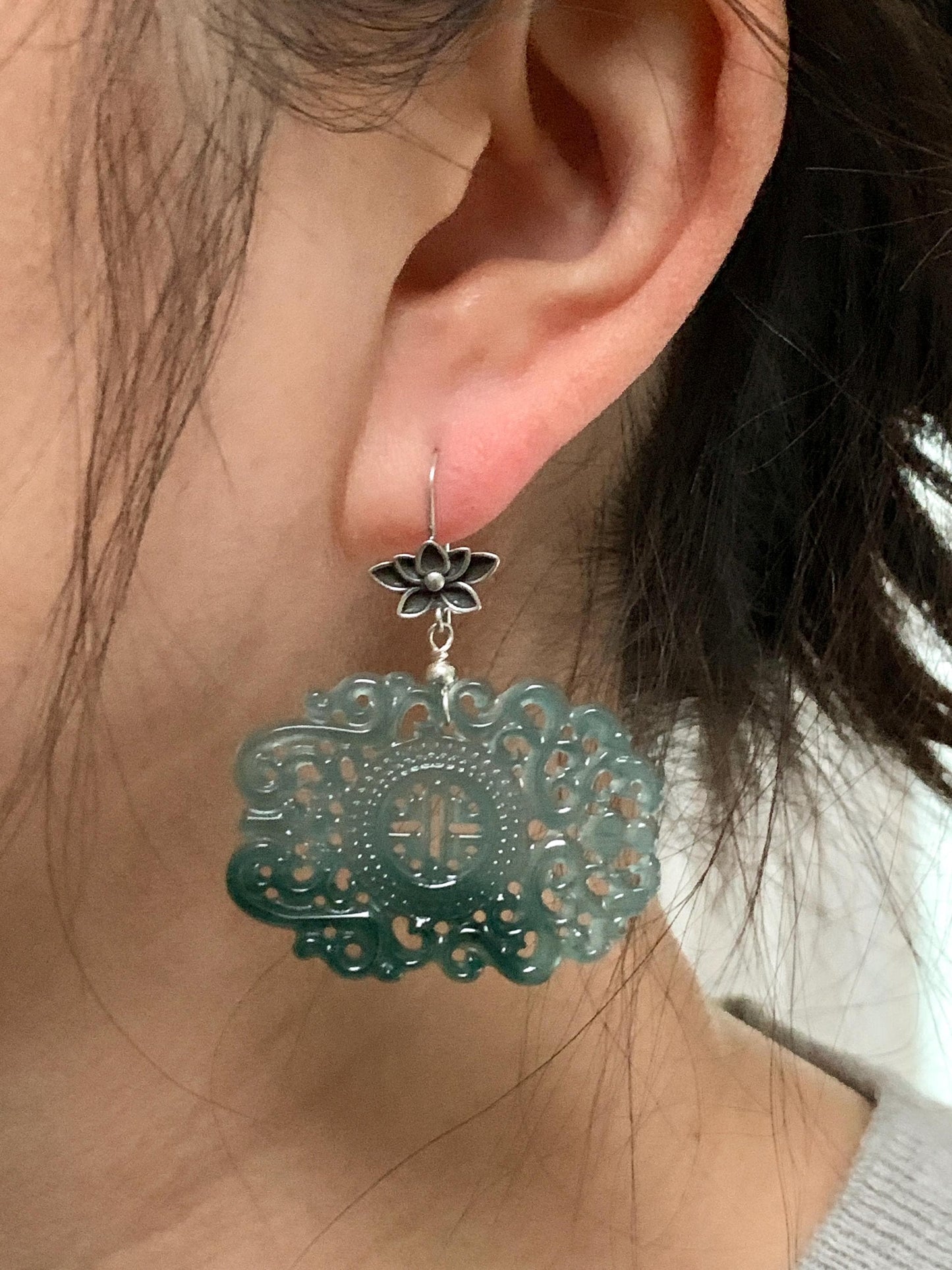 Natural Guatemalan Icy Highly Translucent Teal Blue Dark Green Marbled Jadeite Engraved Dangle Earrings Sterling Silver 天然冰危蓝起光翡翠仿古镂空雕银耳钩