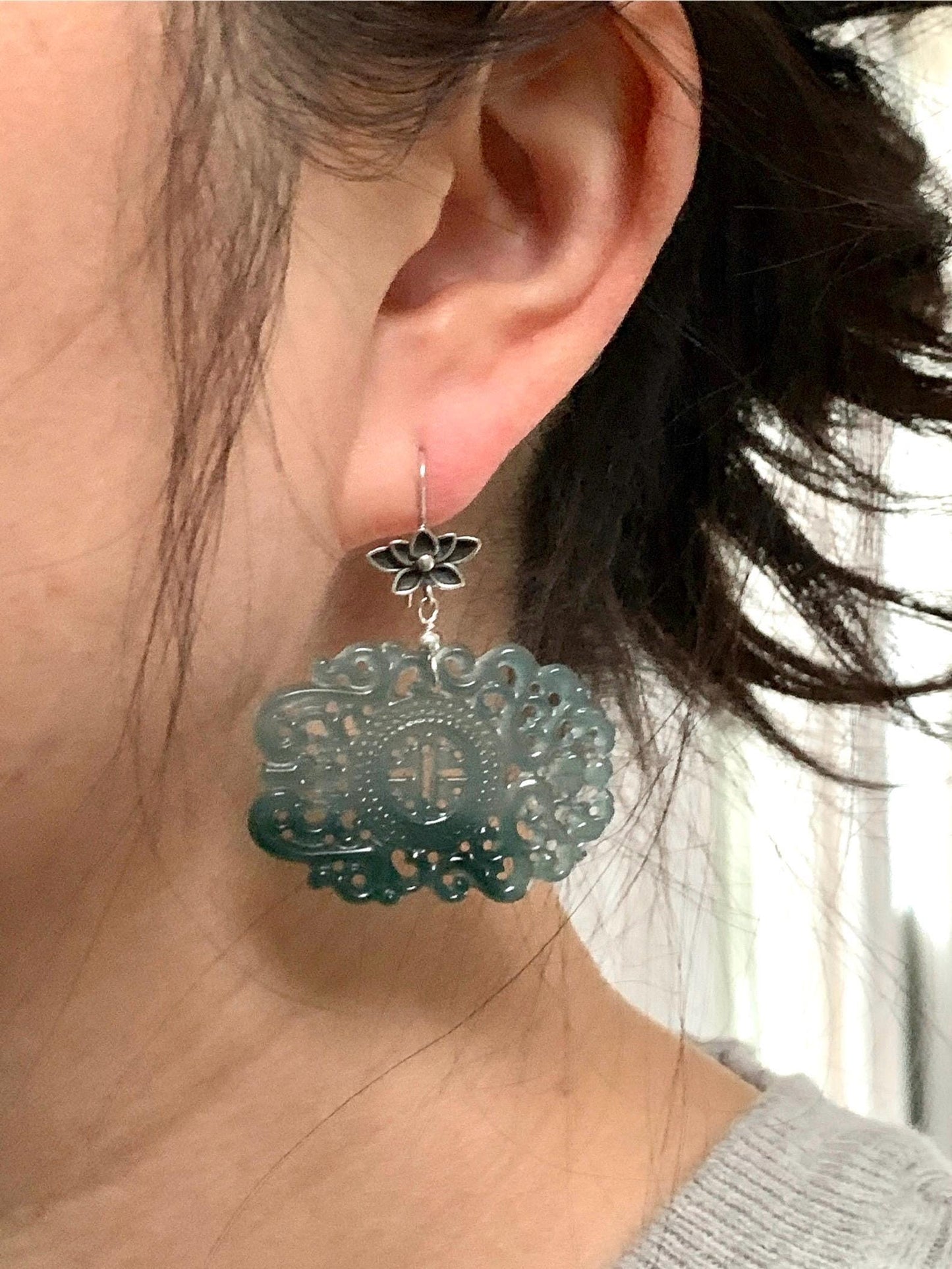 Natural Guatemalan Icy Highly Translucent Teal Blue Dark Green Marbled Jadeite Engraved Dangle Earrings Sterling Silver 天然冰危蓝起光翡翠仿古镂空雕银耳钩
