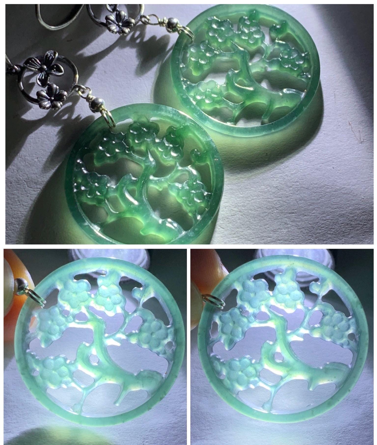 Natural Guatemalan Icy Highly Translucent Dark Teal Green Jadeite Engraved Cherry Blossom Dangle Earrings Sterling Silver 天然冰危蓝绿起光翡翠梅花枝仿古银耳钩
