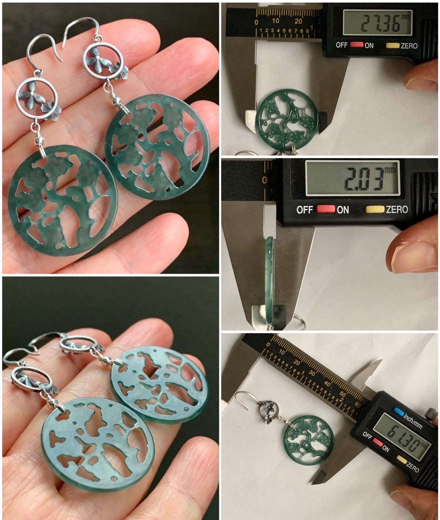 Natural Guatemalan Icy Highly Translucent Dark Teal Green Jadeite Engraved Cherry Blossom Dangle Earrings Sterling Silver 天然冰危蓝绿起光翡翠梅花枝仿古银耳钩
