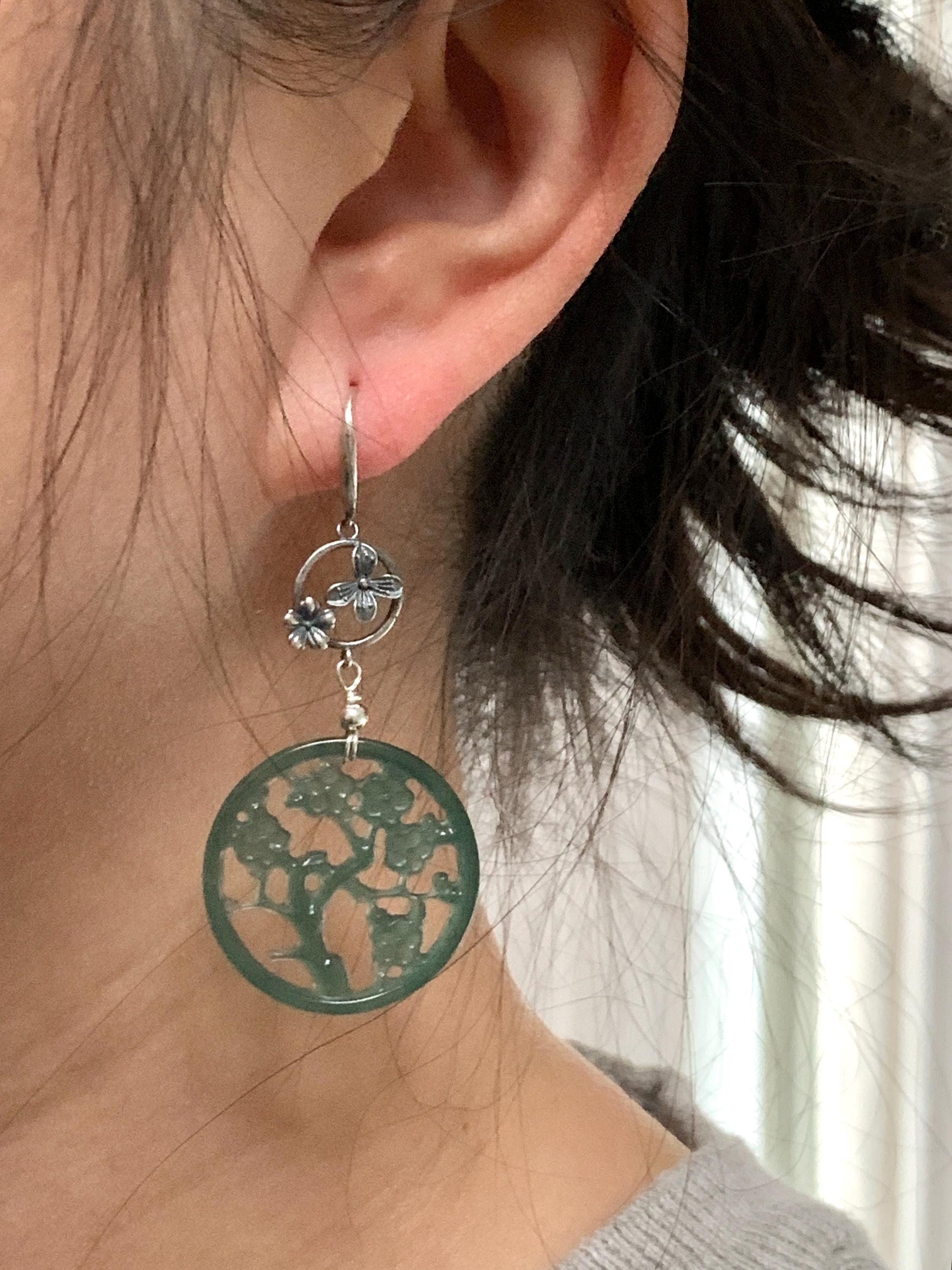 Natural Guatemalan Icy Highly Translucent Dark Teal Green Jadeite Engraved Cherry Blossom Dangle Earrings Sterling Silver 天然冰危蓝绿起光翡翠梅花枝仿古银耳钩