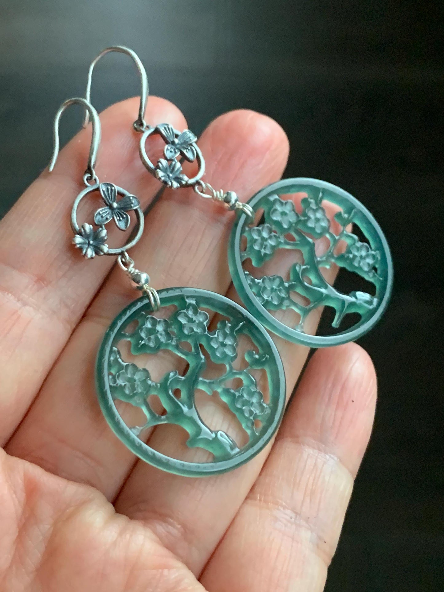 Natural Guatemalan Icy Highly Translucent Dark Teal Green Jadeite Engraved Cherry Blossom Dangle Earrings Sterling Silver 天然冰危蓝绿起光翡翠梅花枝仿古银耳钩