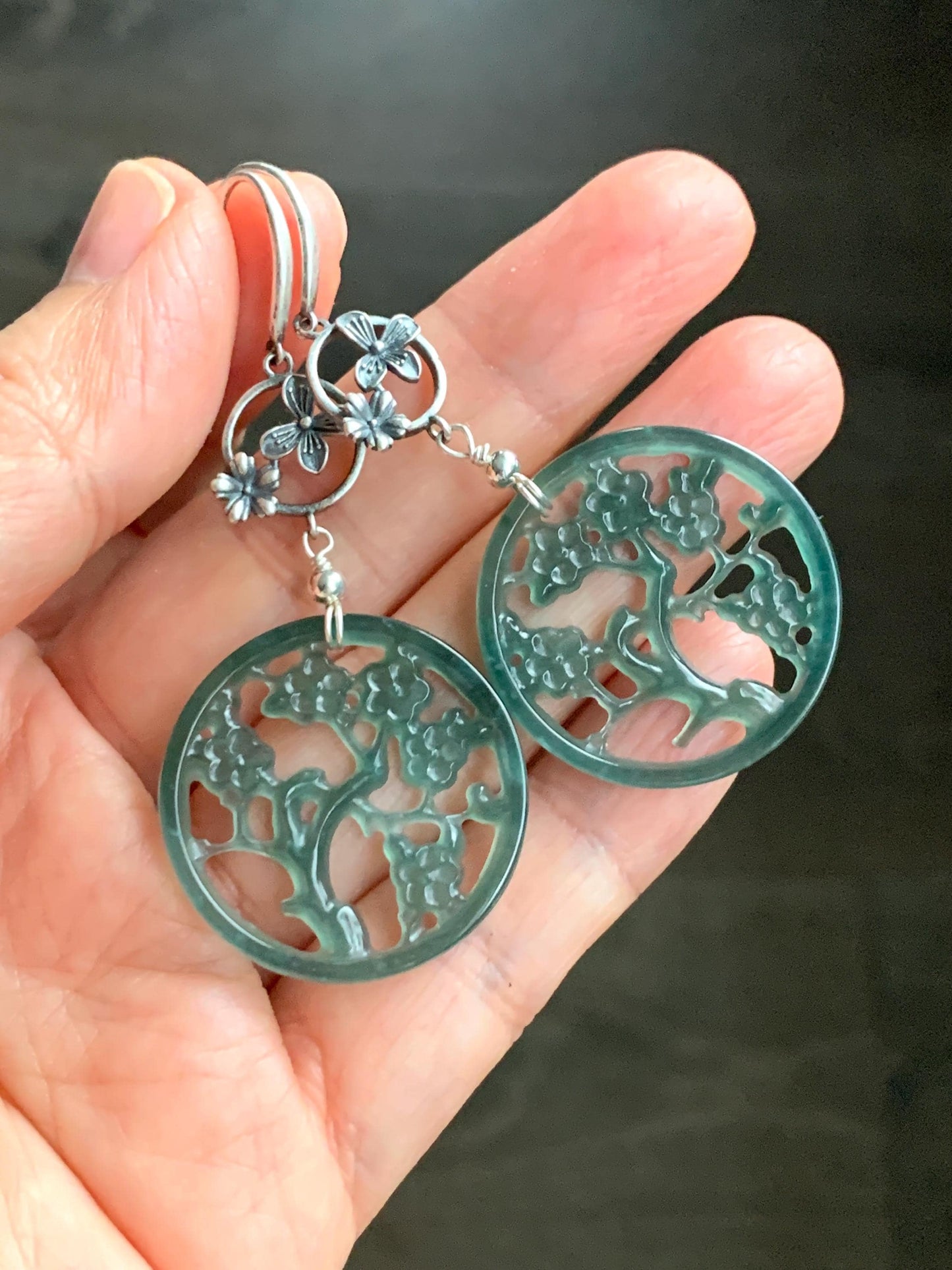 Natural Guatemalan Icy Highly Translucent Dark Teal Green Jadeite Engraved Cherry Blossom Dangle Earrings Sterling Silver 天然冰危蓝绿起光翡翠梅花枝仿古银耳钩