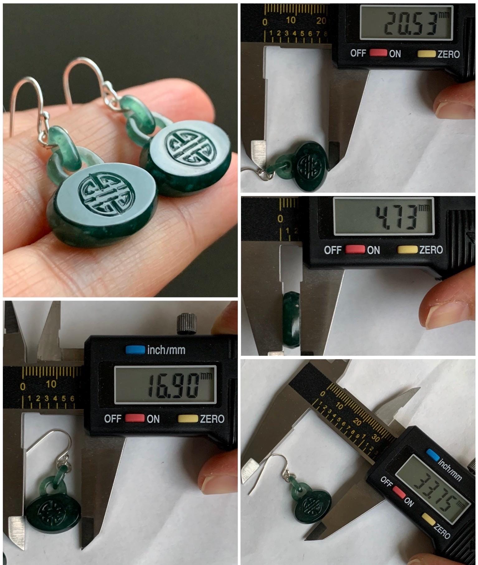 Natural Guatemalan Icy Translucent Dark Teal Green Jadeite Locks w/ Interlocking Rings Dangle Earrings Sterling Silver 天然冰危蓝绿翡翠锁包环环相扣银耳钩
