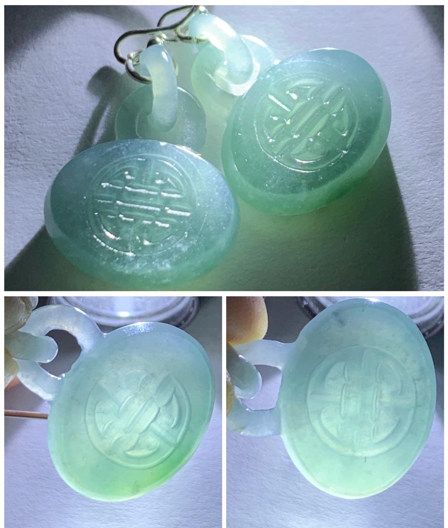 Natural Guatemalan Icy Translucent Dusty Teal Blue Jadeite Locks w/ Interlocking Rings Dangle Earrings Sterling Silver 天然冰危蓝翡翠锁包环环相扣银耳钩
