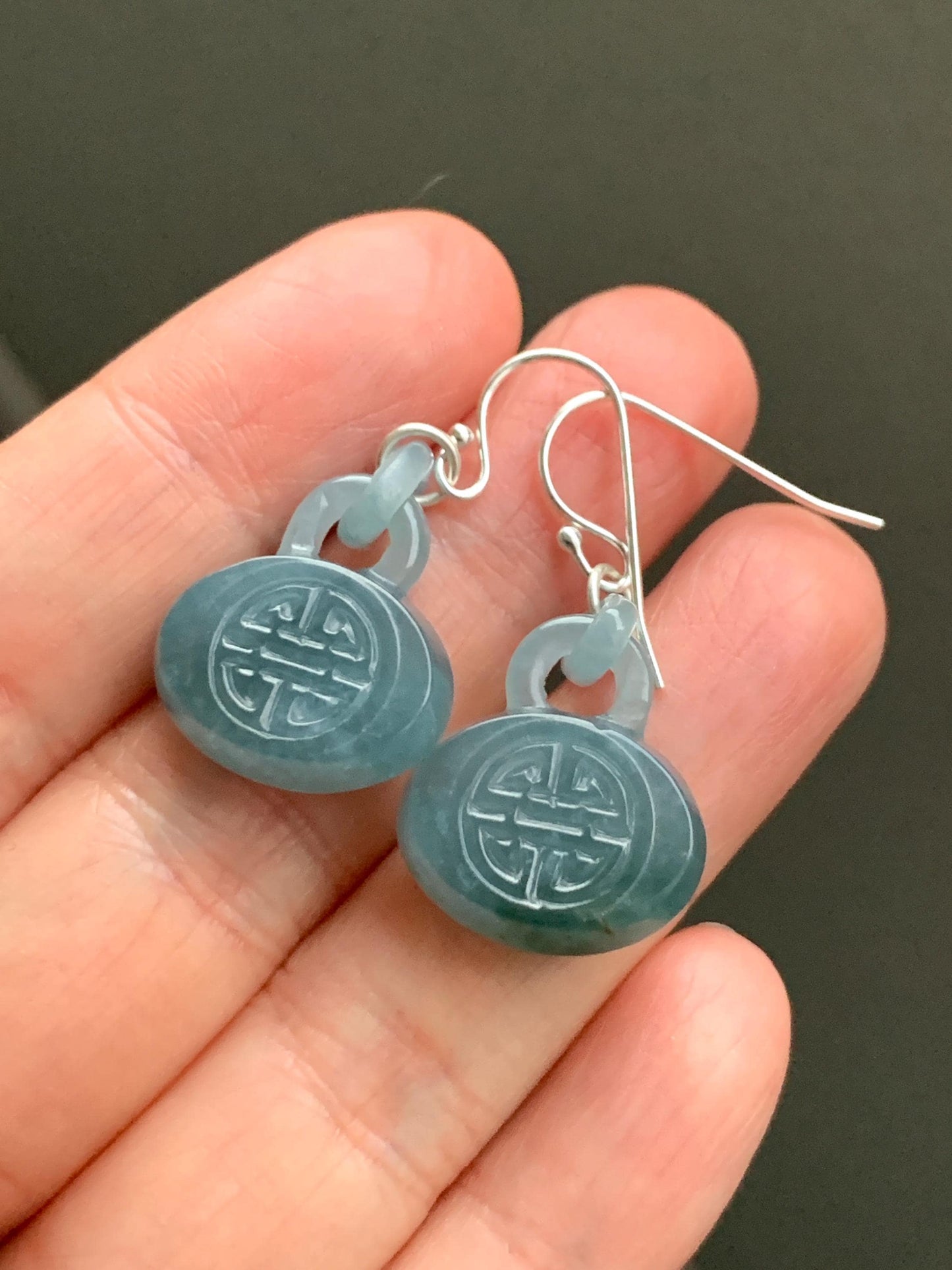 Natural Guatemalan Icy Translucent Dusty Teal Blue Jadeite Locks w/ Interlocking Rings Dangle Earrings Sterling Silver 天然冰危蓝翡翠锁包环环相扣银耳钩