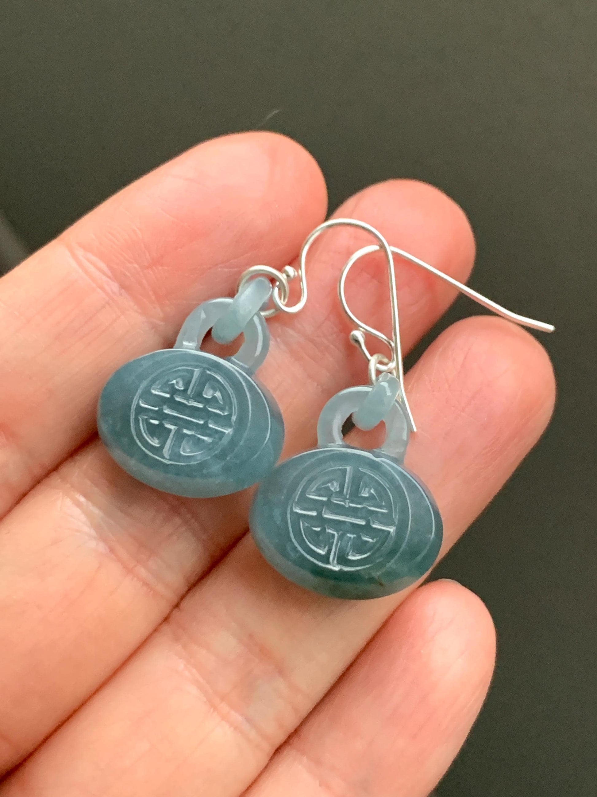 Natural Guatemalan Icy Translucent Dusty Teal Blue Jadeite Locks w/ Interlocking Rings Dangle Earrings Sterling Silver 天然冰危蓝翡翠锁包环环相扣银耳钩