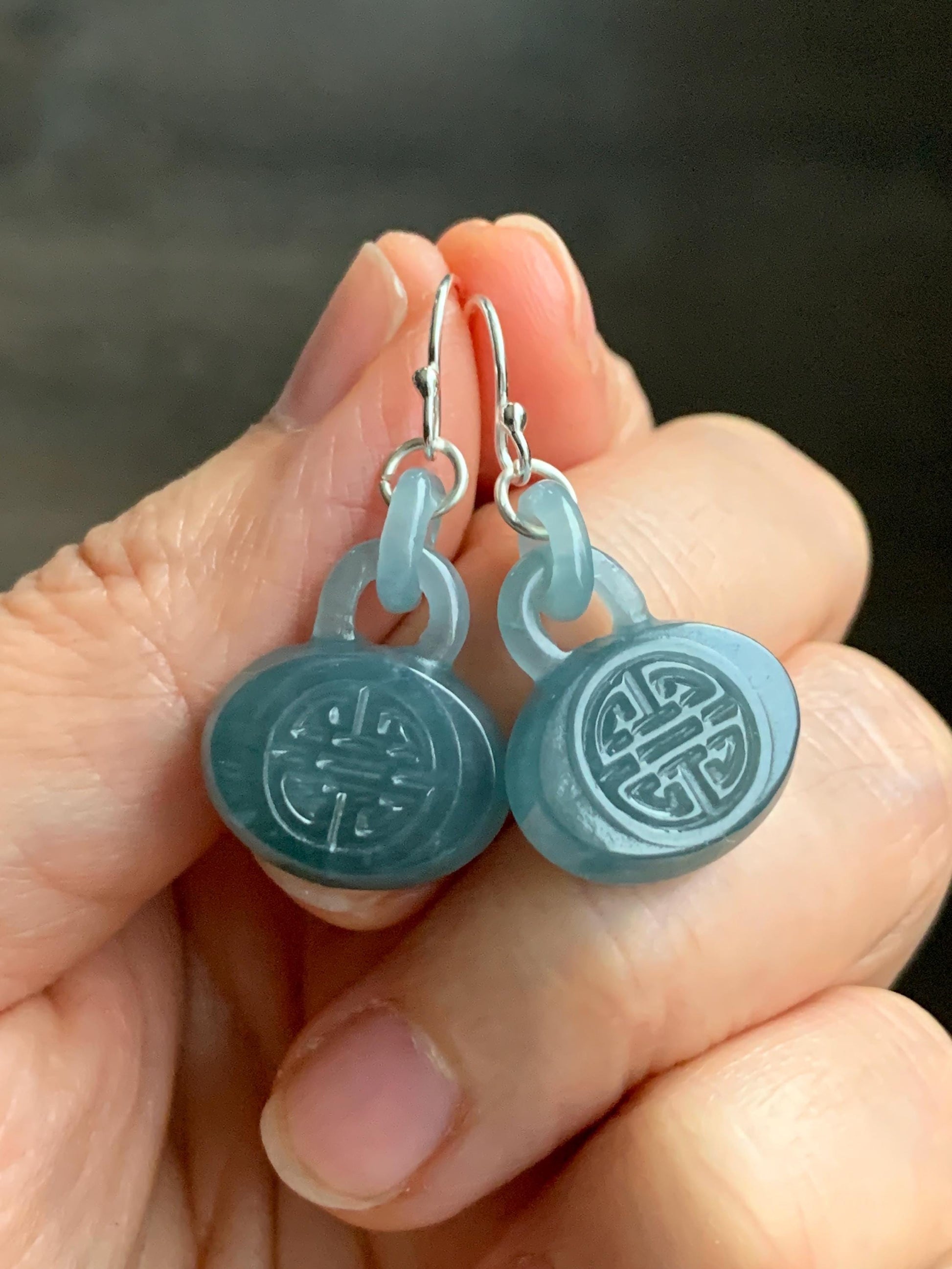 Natural Guatemalan Icy Translucent Dusty Teal Blue Jadeite Locks w/ Interlocking Rings Dangle Earrings Sterling Silver 天然冰危蓝翡翠锁包环环相扣银耳钩