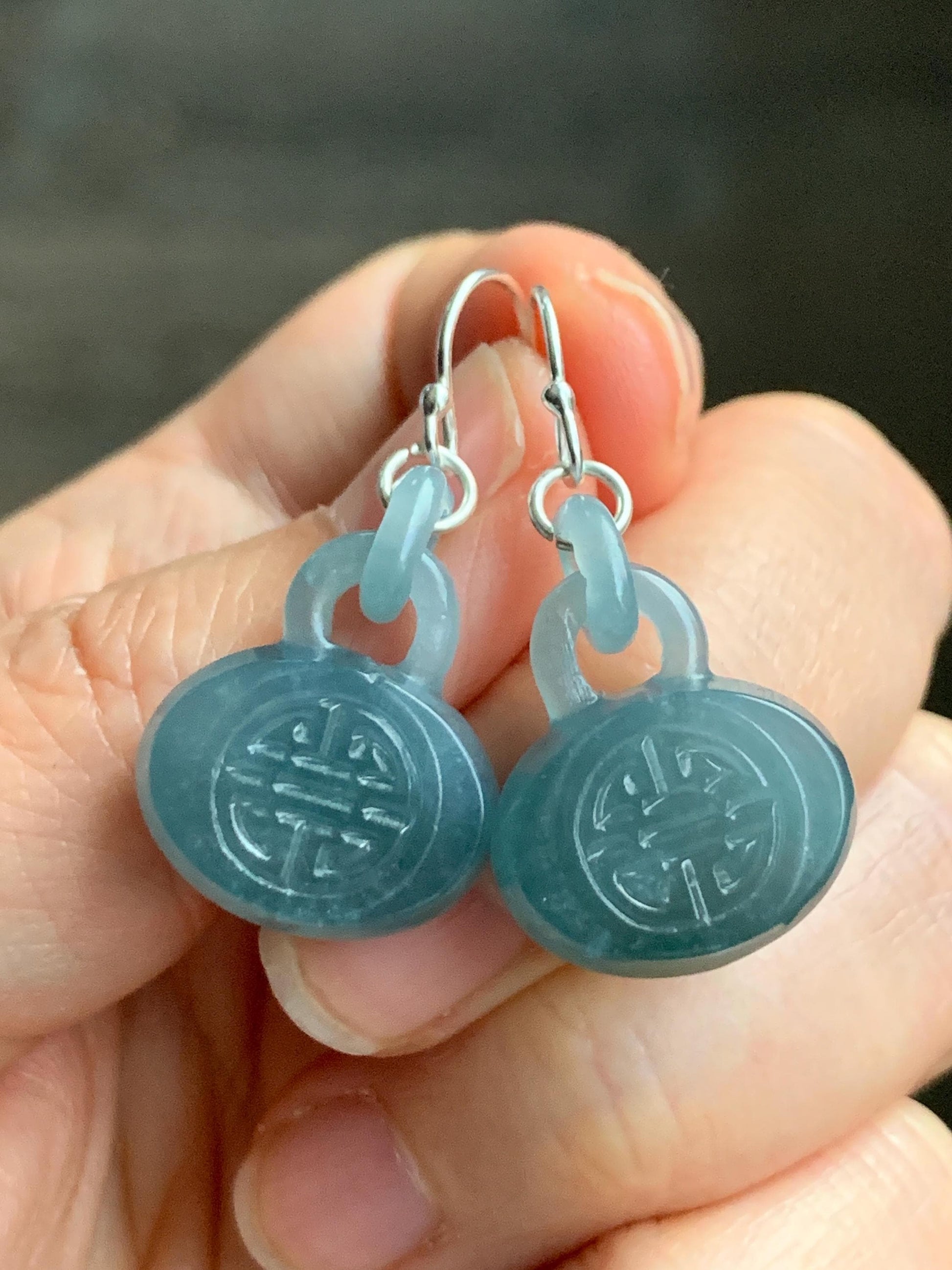 Natural Guatemalan Icy Translucent Dusty Teal Blue Jadeite Locks w/ Interlocking Rings Dangle Earrings Sterling Silver 天然冰危蓝翡翠锁包环环相扣银耳钩