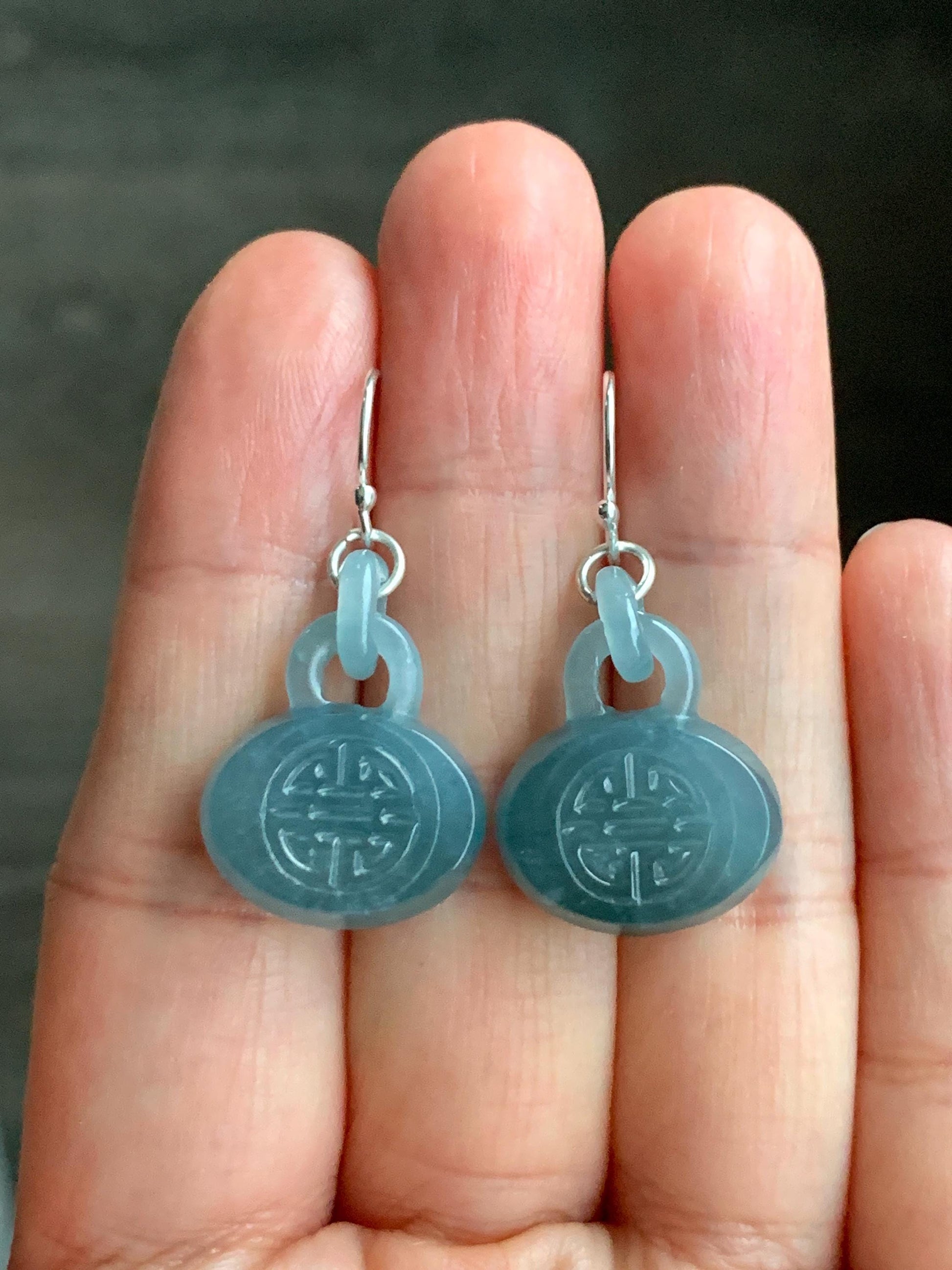 Natural Guatemalan Icy Translucent Dusty Teal Blue Jadeite Locks w/ Interlocking Rings Dangle Earrings Sterling Silver 天然冰危蓝翡翠锁包环环相扣银耳钩