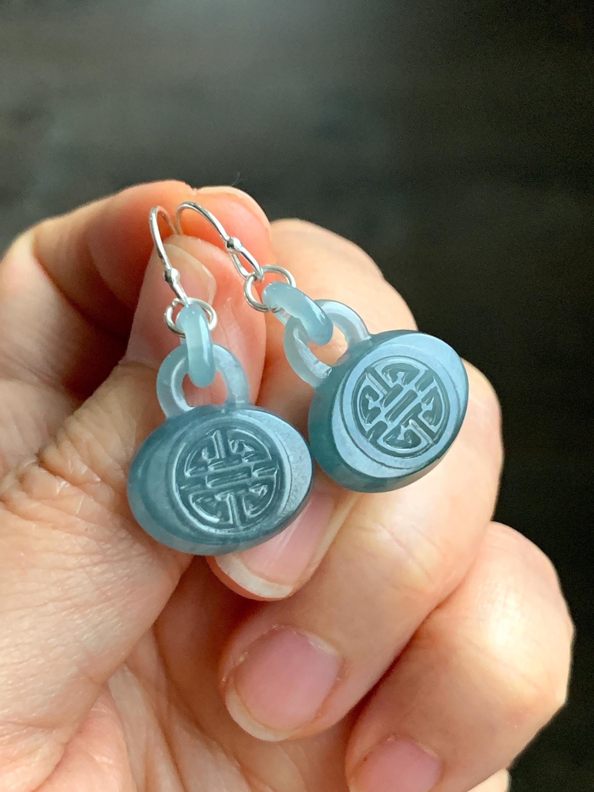 Natural Guatemalan Icy Translucent Dusty Teal Blue Jadeite Locks w/ Interlocking Rings Dangle Earrings Sterling Silver 天然冰危蓝翡翠锁包环环相扣银耳钩