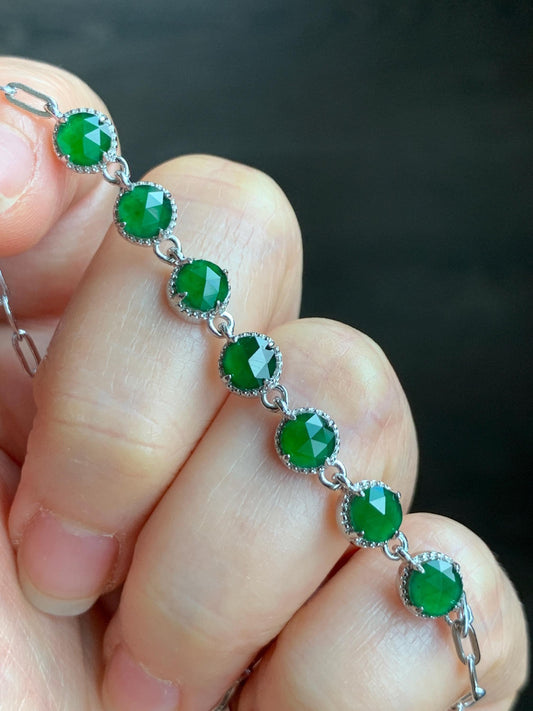 Natural Grade A Guatemalan Icy Translucent Vibrant Green Faceted Jadeite 7-Stone Chain Bracelet Sterling Silver 3g 天然冰危绿切割面翡翠银镶手镯