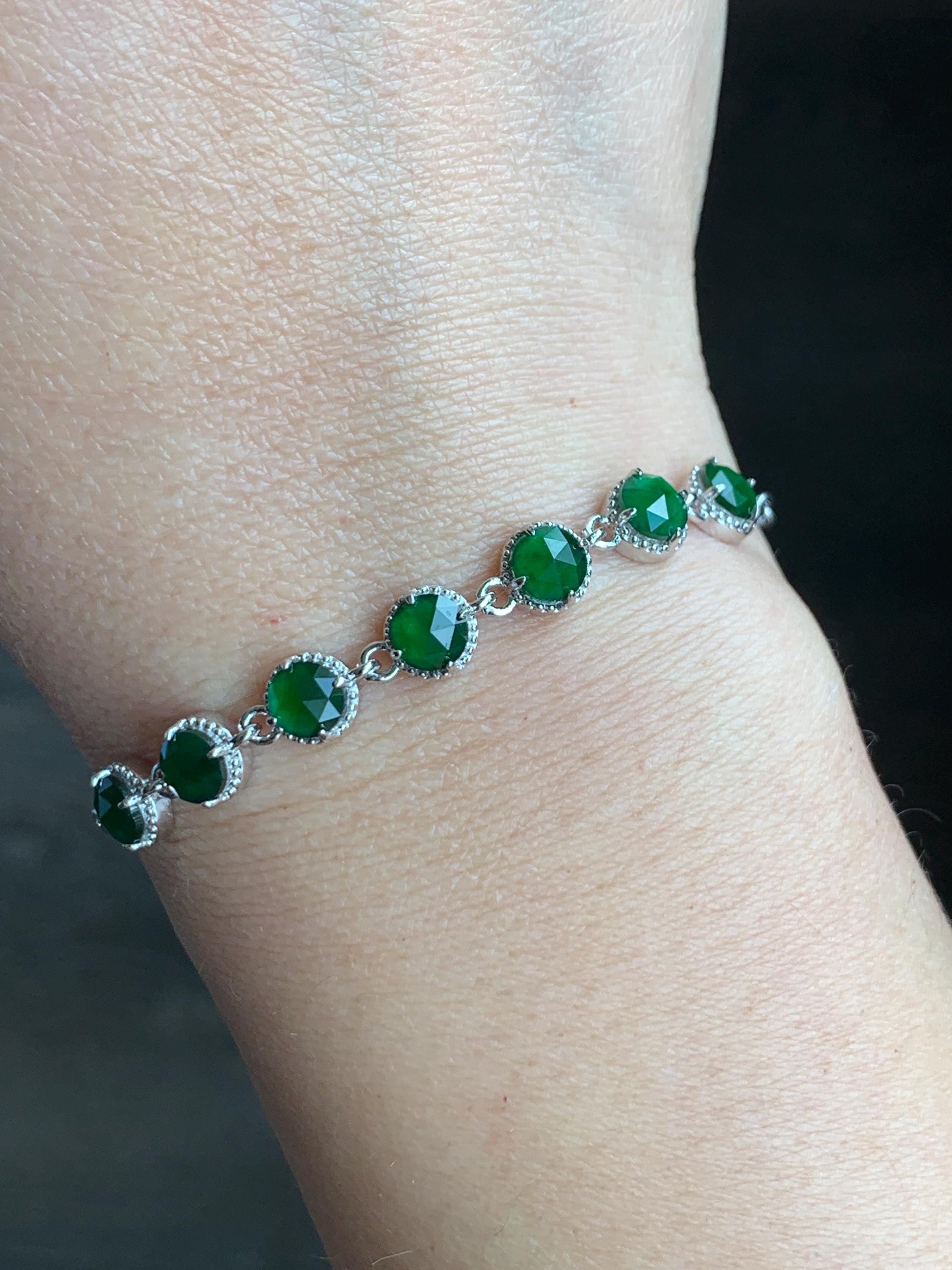 Natural Grade A Guatemalan Icy Translucent Vibrant Green Faceted Jadeite 7-Stone Chain Bracelet Sterling Silver 3g