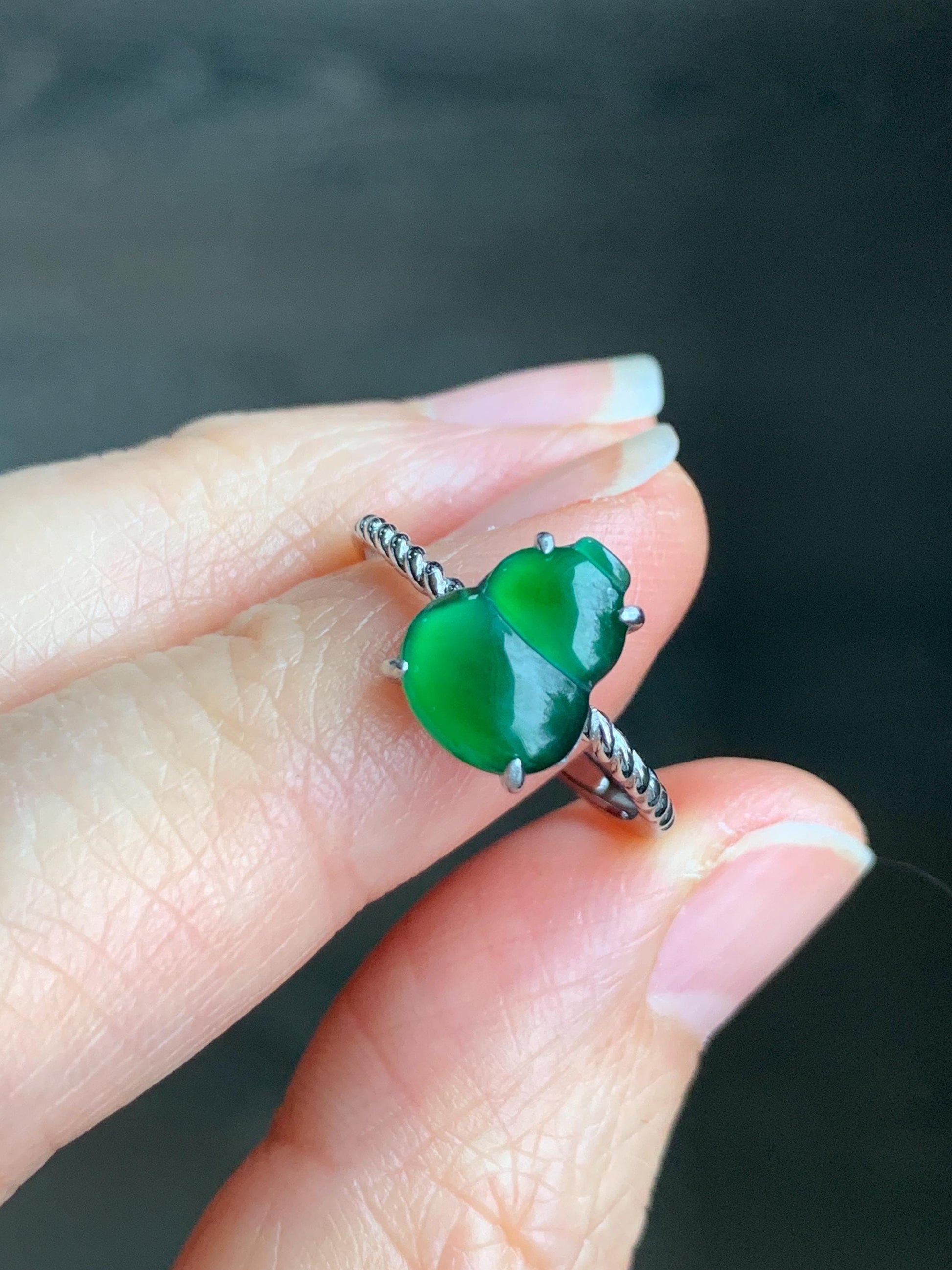 Natural Guatemalan Icy Translucent Vibrant Green Jadeite Gourd Hulu Solitaire Ring Sterling Silver Size 7 Adjustable