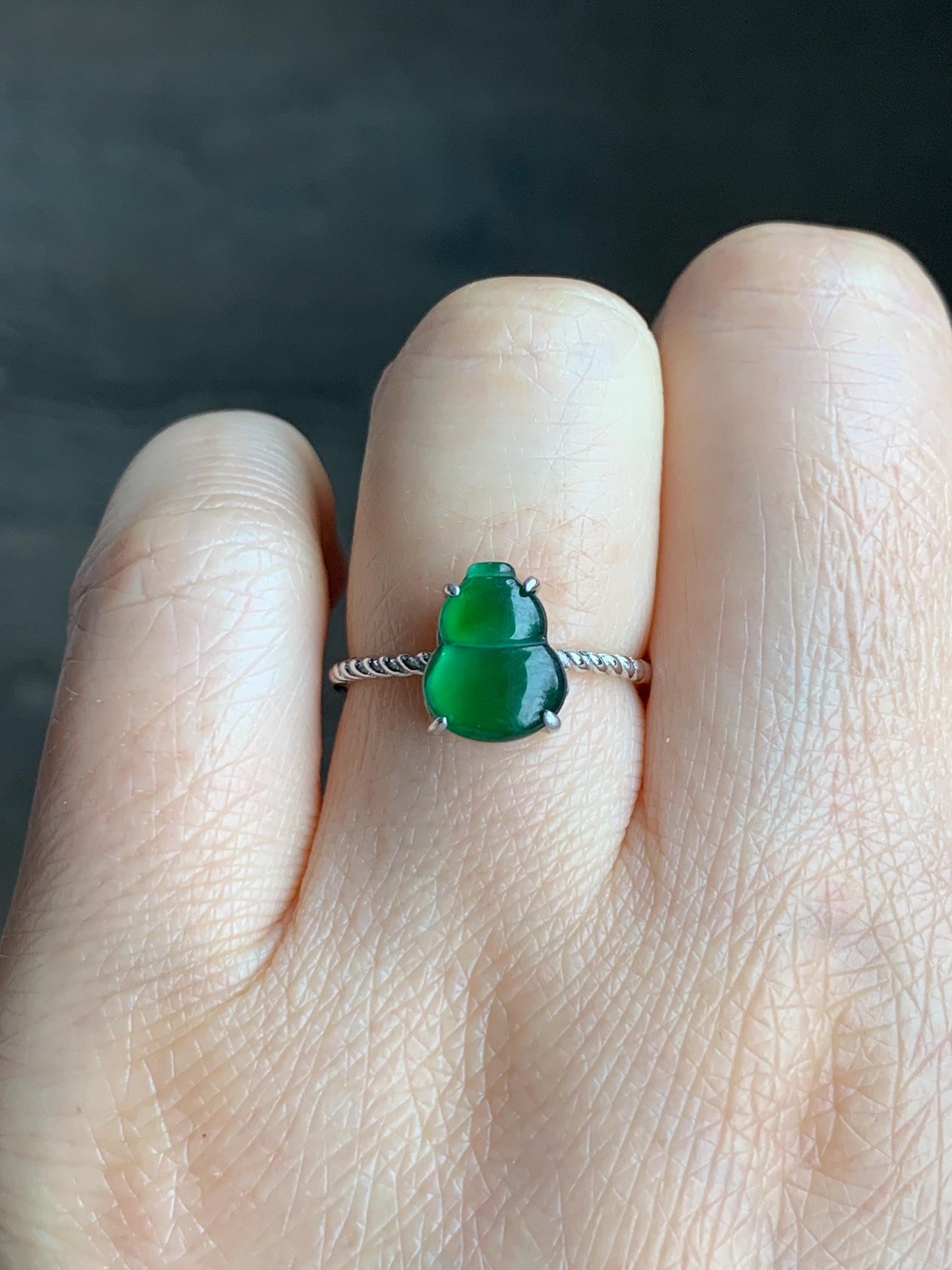 Natural Guatemalan Icy Translucent Vibrant Green Jadeite Gourd Hulu Solitaire Ring Sterling Silver Size 7 Adjustable