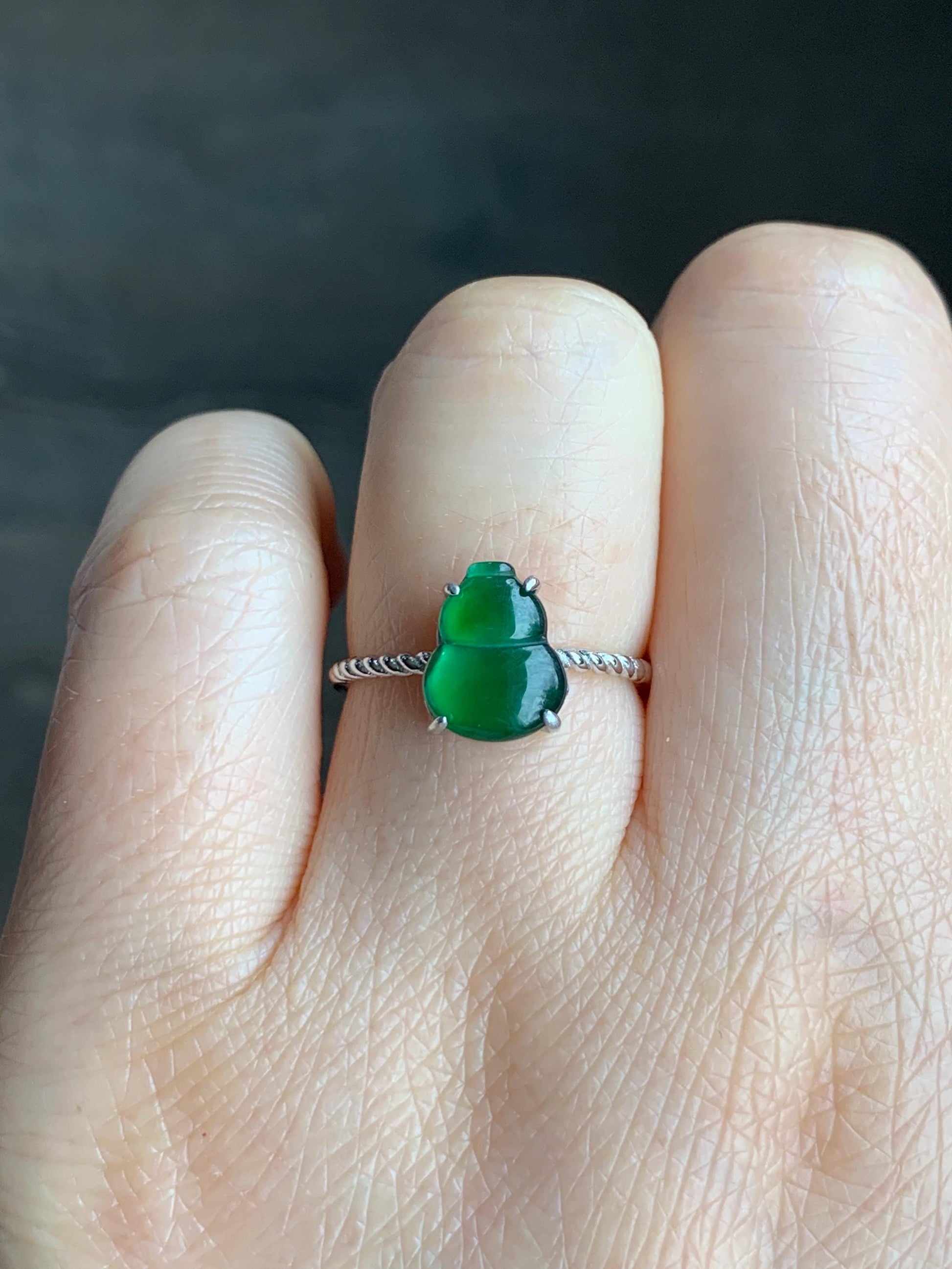 Natural Guatemalan Icy Translucent Vibrant Green Jadeite Gourd Hulu Solitaire Ring Sterling Silver Size 7 Adjustable