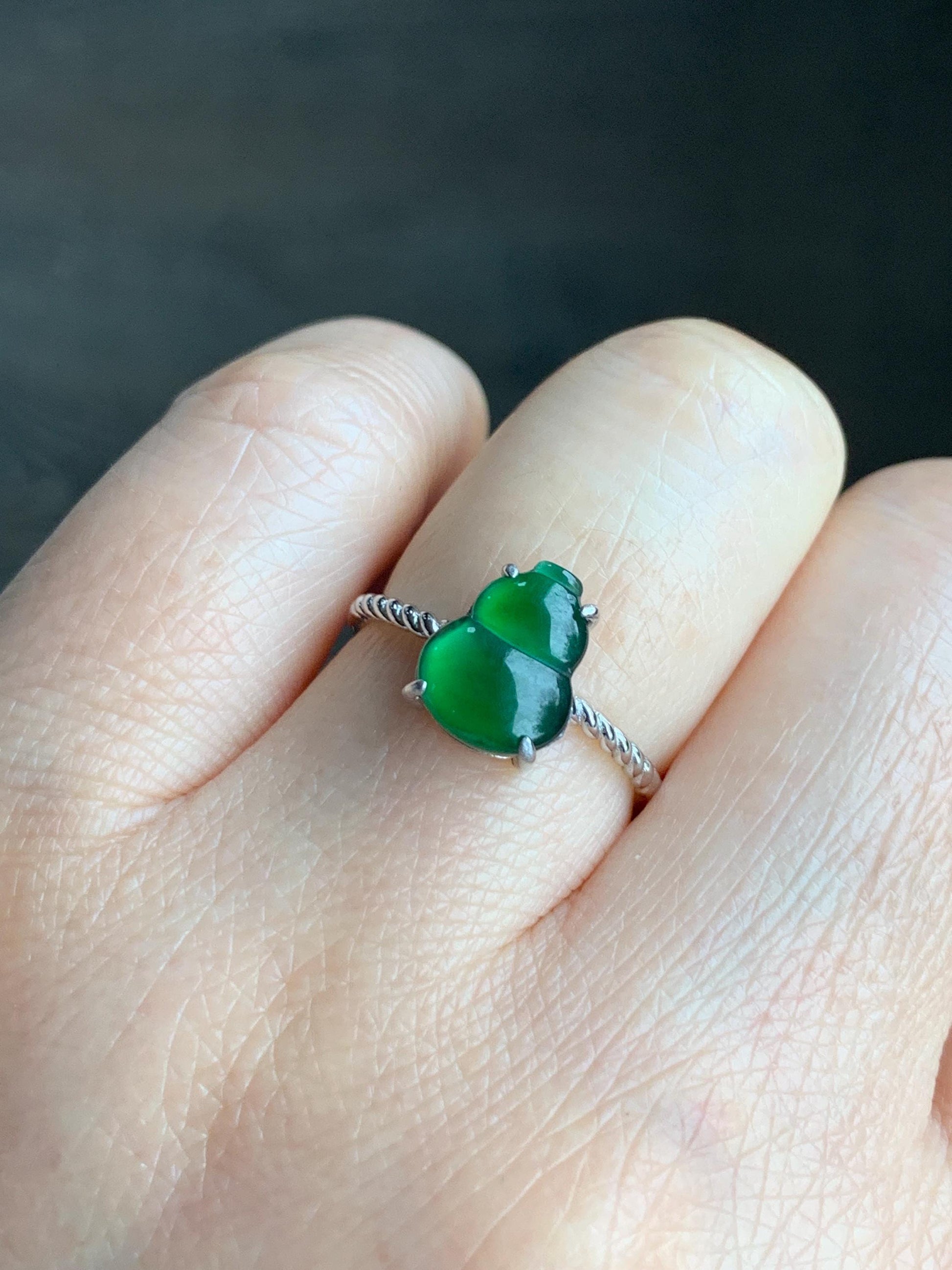 Natural Guatemalan Icy Translucent Vibrant Green Jadeite Gourd Hulu Solitaire Ring Sterling Silver Size 7 Adjustable
