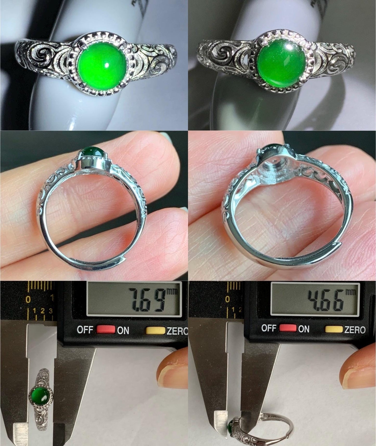 Natural Guatemalan Grade A Icy Translucent Vibrant Green Jadeite Solitaire Band Style Ring Sterling Silver Size Adjustable 天然冰危绿翡翠银镶戒指 WLLK