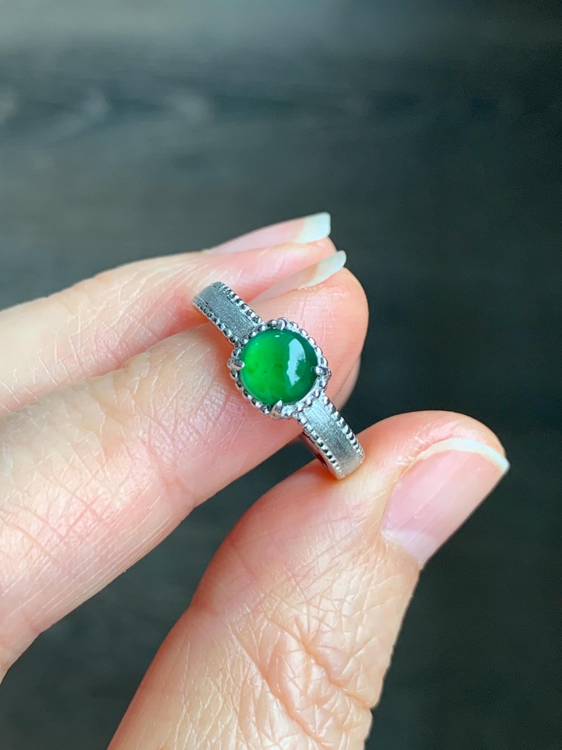 Natural Guatemalan Grade A Icy Translucent Vibrant Green Jadeite Solitaire Band Style Ring Sterling Silver Size Adjustable