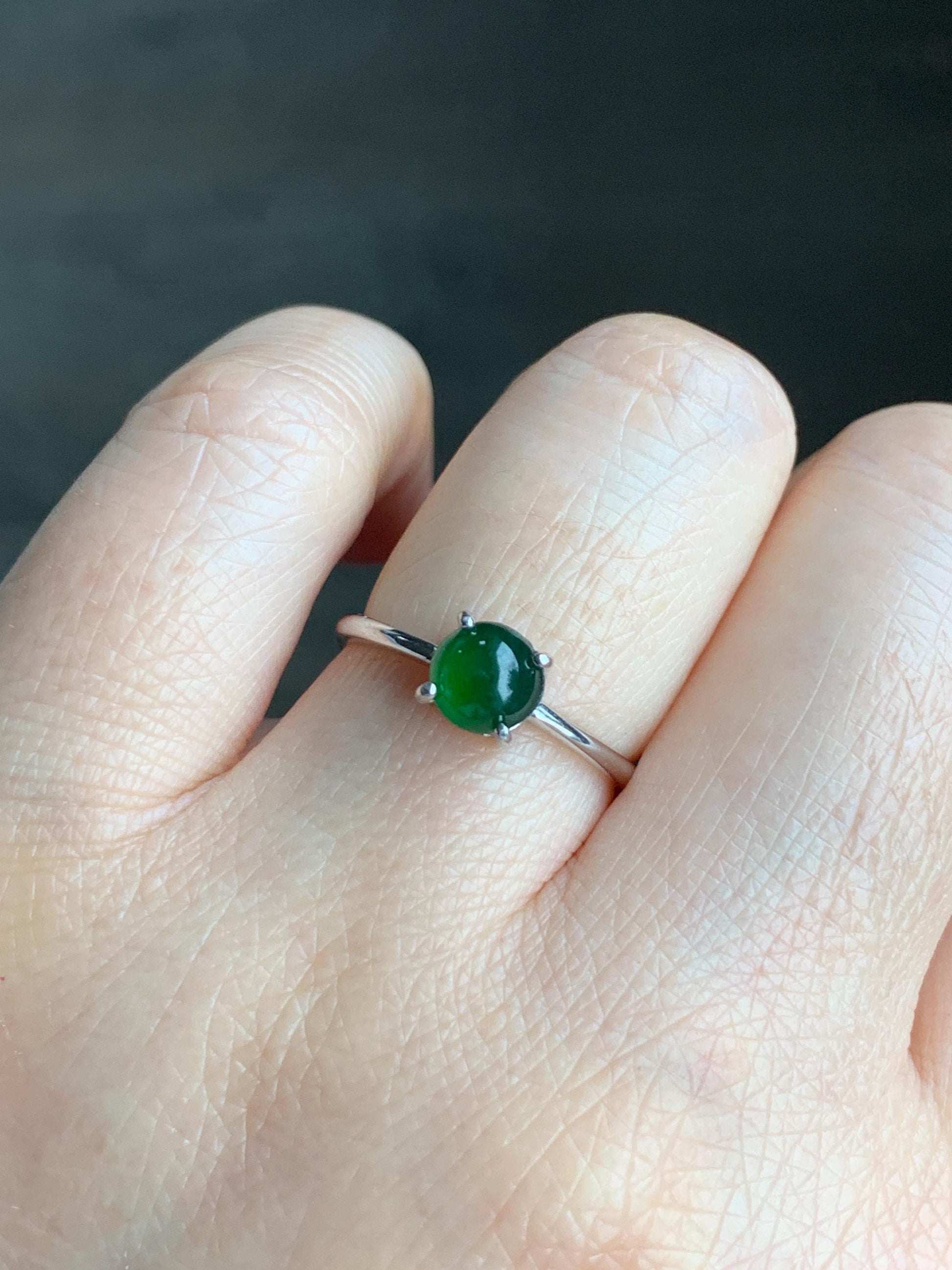 Natural Guatemalan Grade A Icy Translucent Vibrant Green Jadeite Solitaire Style Ring Sterling Silver Size Adjustable