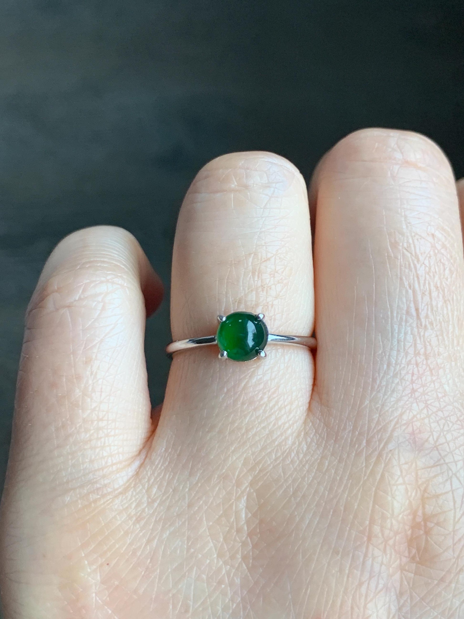 Natural Guatemalan Grade A Icy Translucent Vibrant Green Jadeite Solitaire Style Ring Sterling Silver Size Adjustable