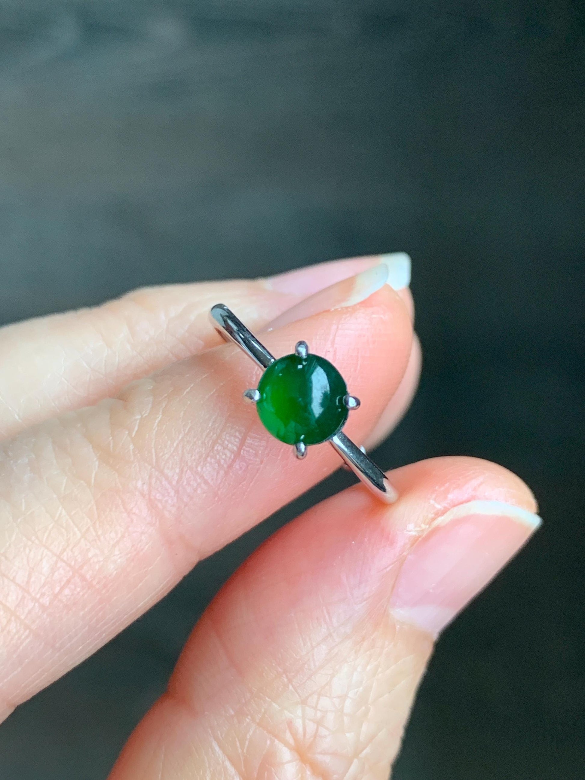 Natural Guatemalan Grade A Icy Translucent Vibrant Green Jadeite Solitaire Style Ring Sterling Silver Size Adjustable