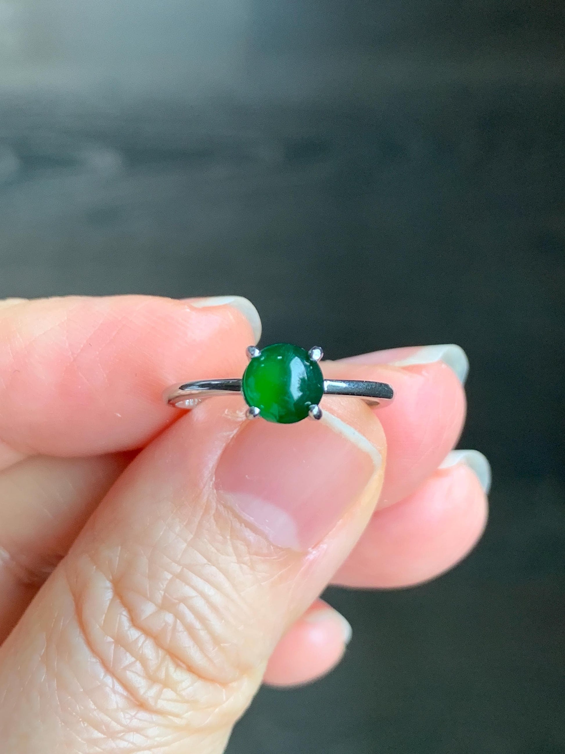 Natural Guatemalan Grade A Icy Translucent Vibrant Green Jadeite Solitaire Style Ring Sterling Silver Size Adjustable