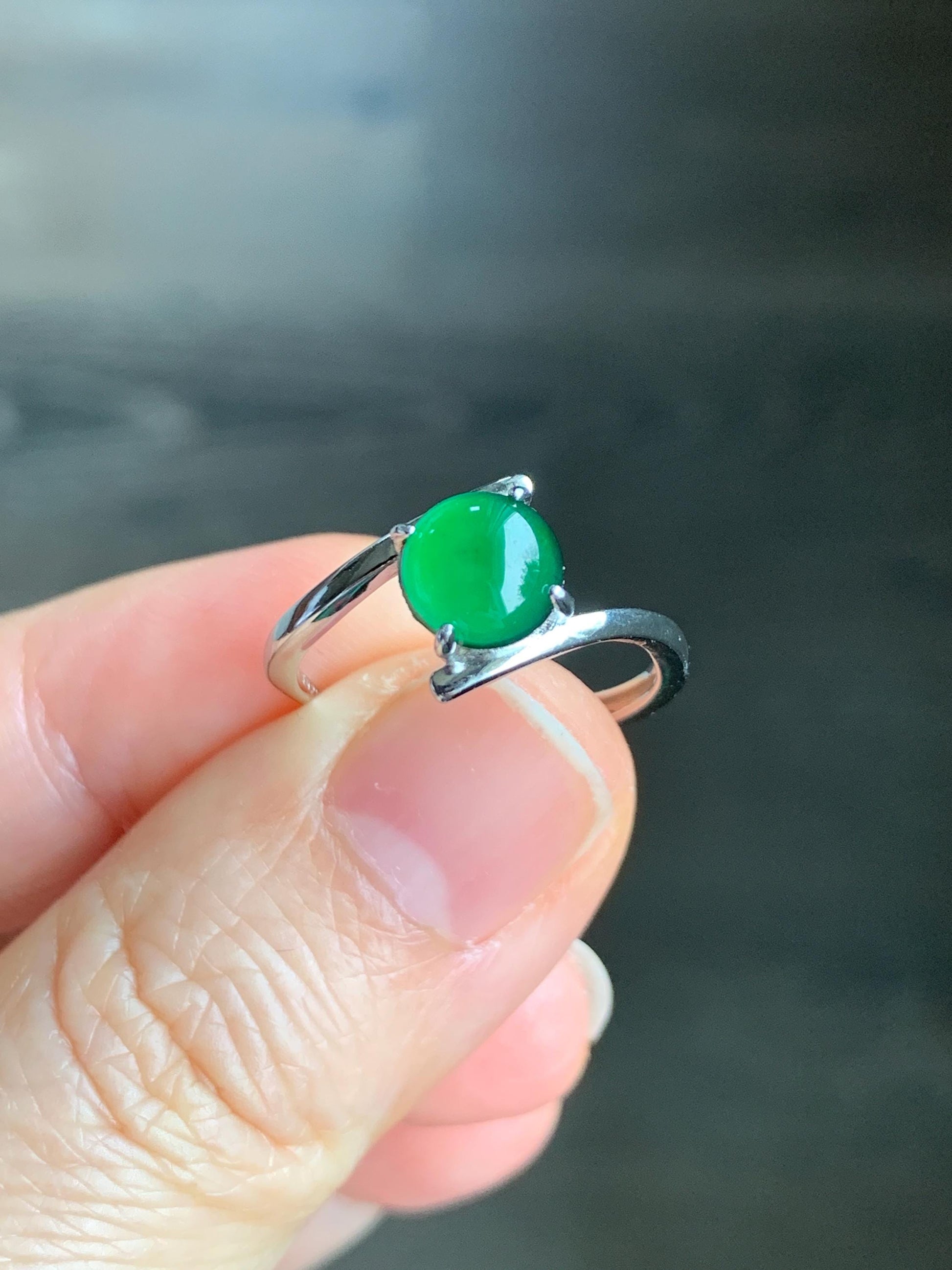 Natural Guatemalan Grade A Icy Translucent Vibrant Green Jadeite Solitaire Style Ring Sterling Silver Size Adjustable
