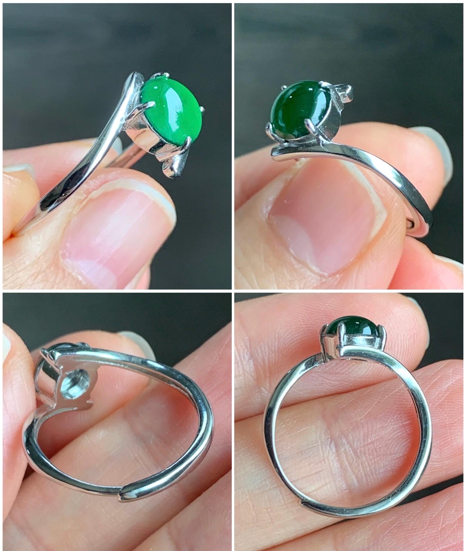 Natural Guatemalan Grade A Icy Translucent Vibrant Green Jadeite Solitaire Style Ring Sterling Silver Size Adjustable 天然冰危绿翡翠银镶戒指 WLDD68