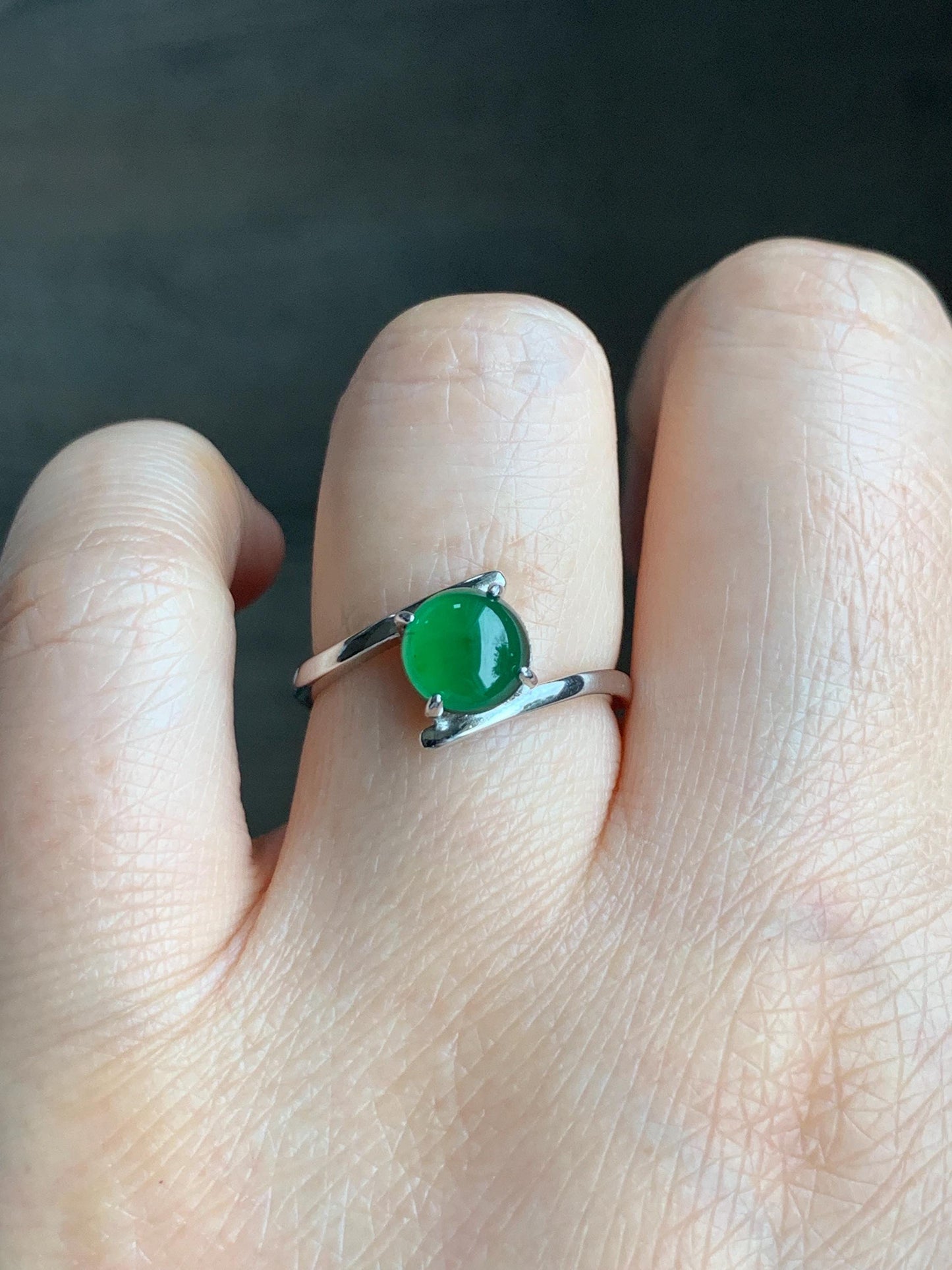 Natural Guatemalan Grade A Icy Translucent Vibrant Green Jadeite Solitaire Style Ring Sterling Silver Size Adjustable