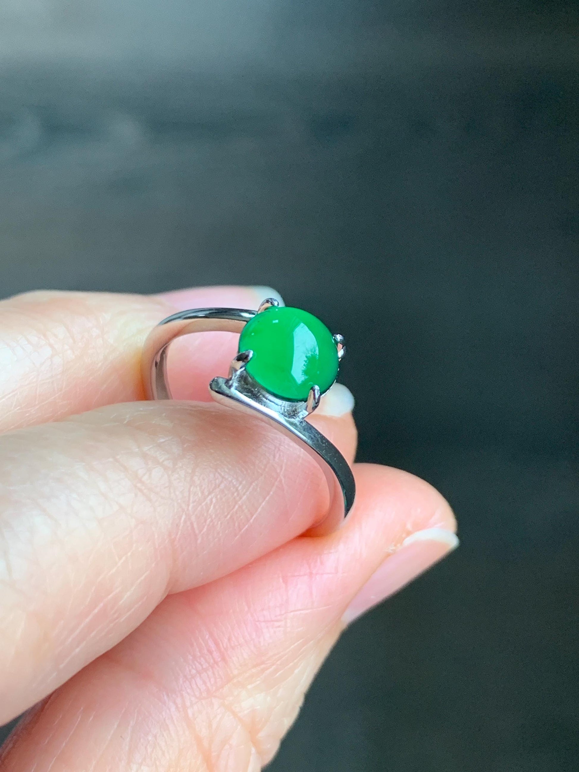 Natural Guatemalan Grade A Icy Translucent Vibrant Green Jadeite Solitaire Style Ring Sterling Silver Size Adjustable