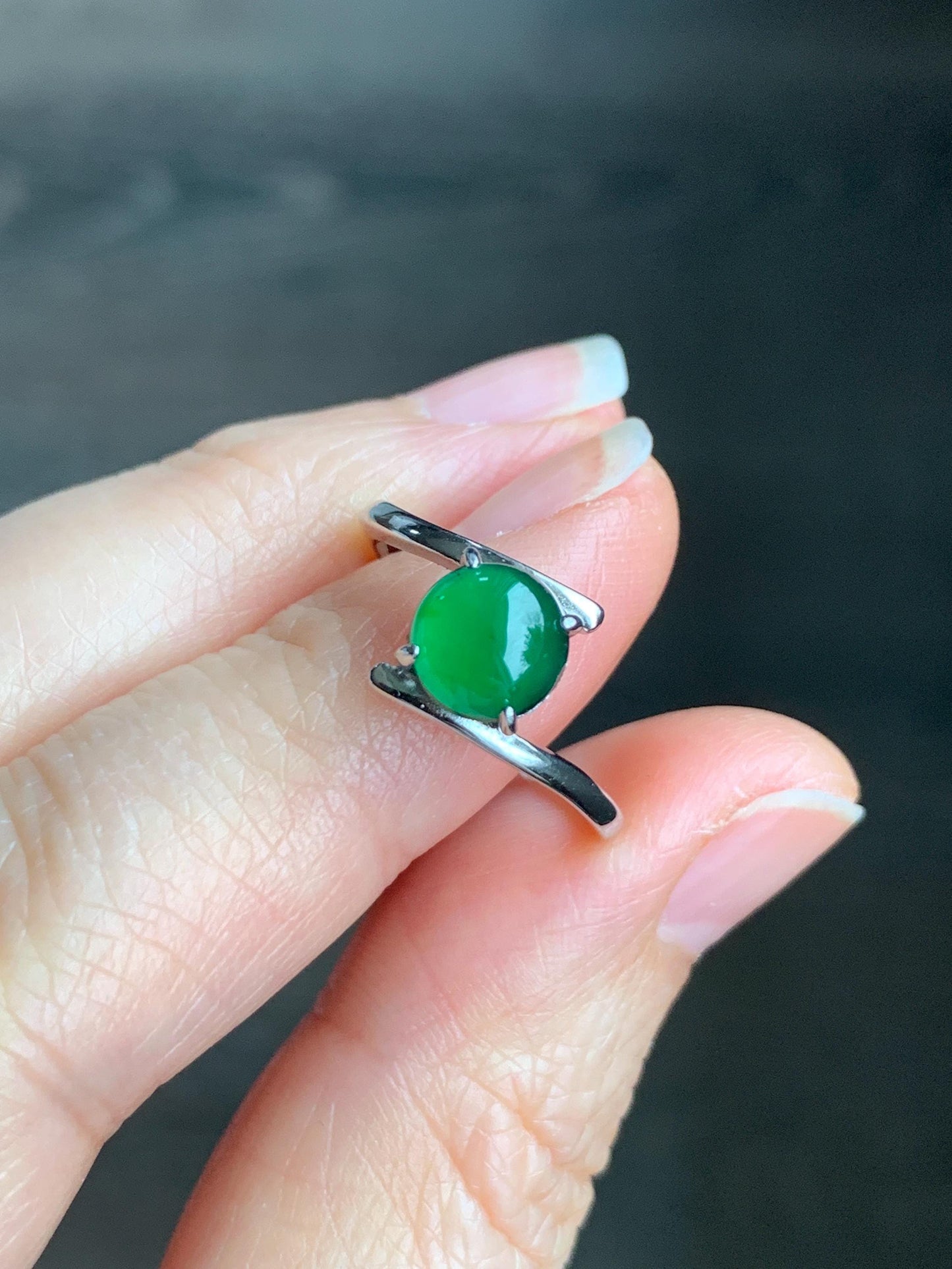 Natural Guatemalan Grade A Icy Translucent Vibrant Green Jadeite Solitaire Style Ring Sterling Silver Size Adjustable