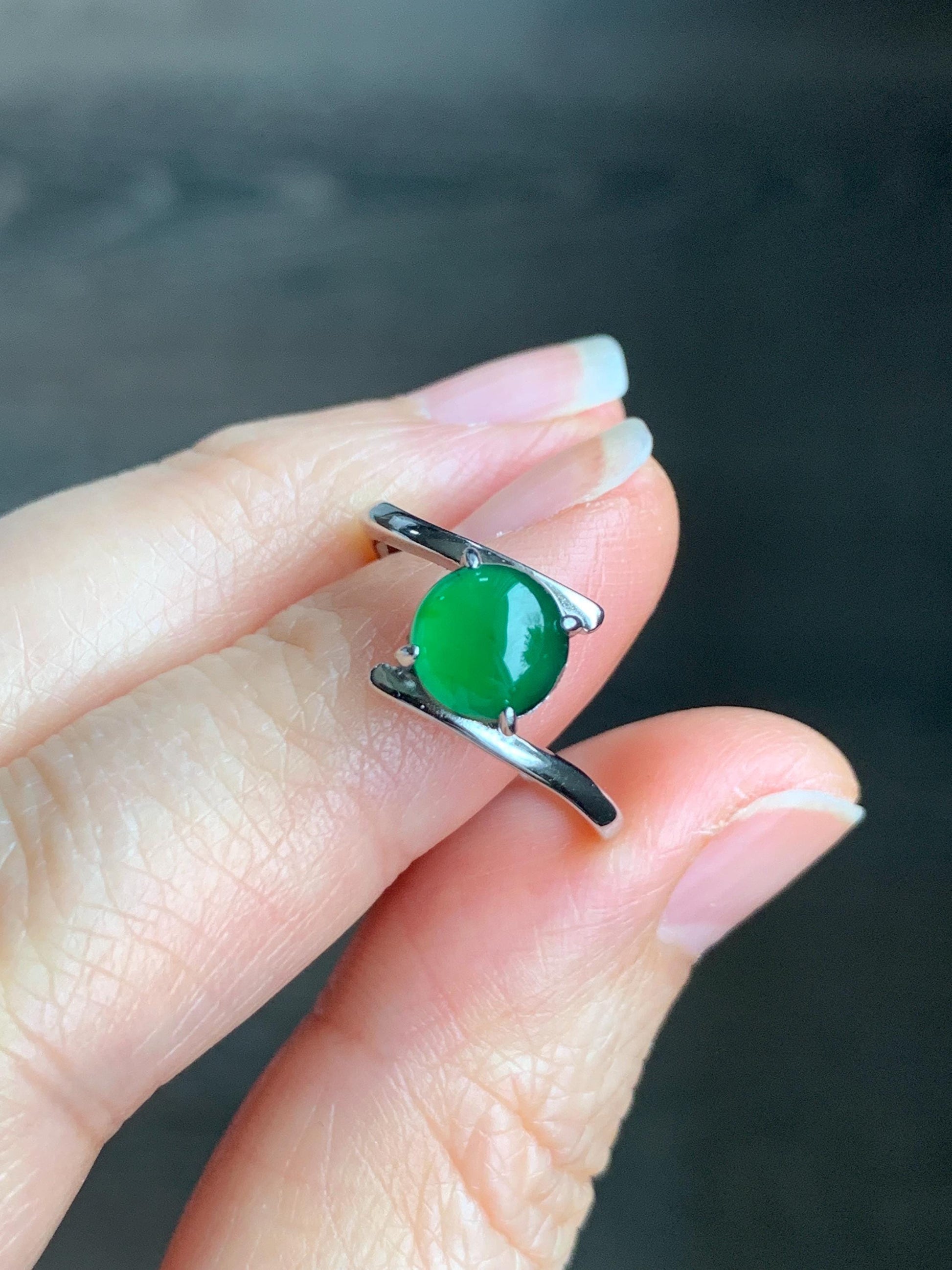 Natural Guatemalan Grade A Icy Translucent Vibrant Green Jadeite Solitaire Style Ring Sterling Silver Size Adjustable