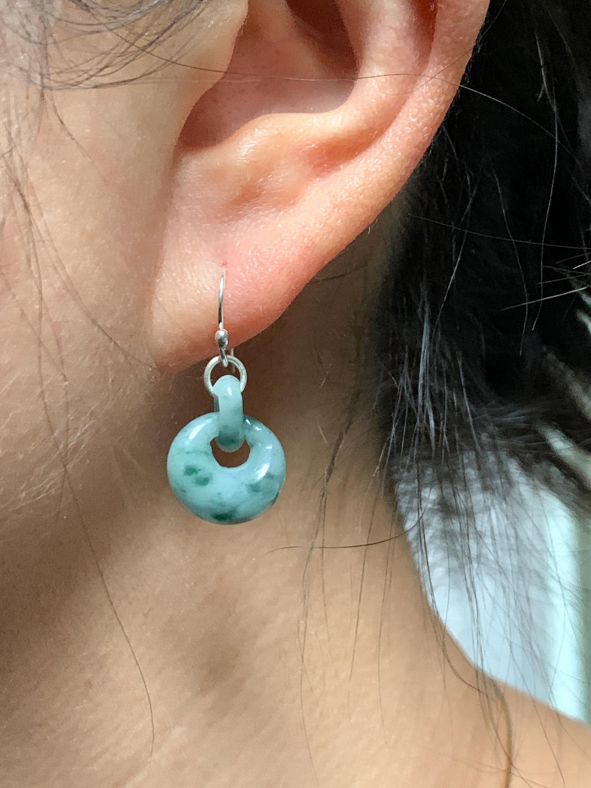 Natural Grade A Icy Translucent Teal Green Marbled Jadeite Locks w/ Interlocking Rings Dangle Earrings Sterling Silver 天然冰飘花翡翠锁包环环相扣银耳钩