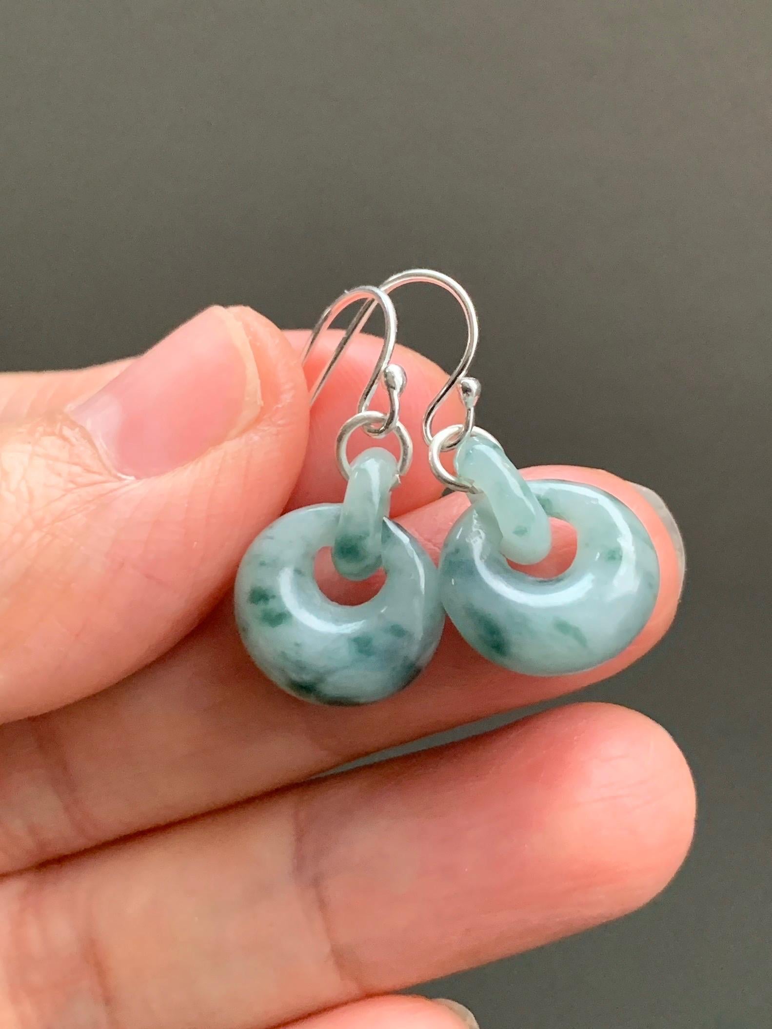 Natural Grade A Icy Translucent Teal Green Marbled Jadeite Locks w/ Interlocking Rings Dangle Earrings Sterling Silver 天然冰飘花翡翠锁包环环相扣银耳钩
