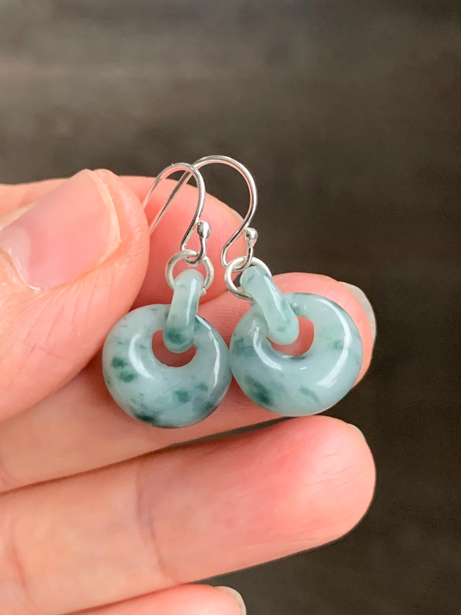 Natural Grade A Icy Translucent Teal Green Marbled Jadeite Locks w/ Interlocking Rings Dangle Earrings Sterling Silver 天然冰飘花翡翠锁包环环相扣银耳钩
