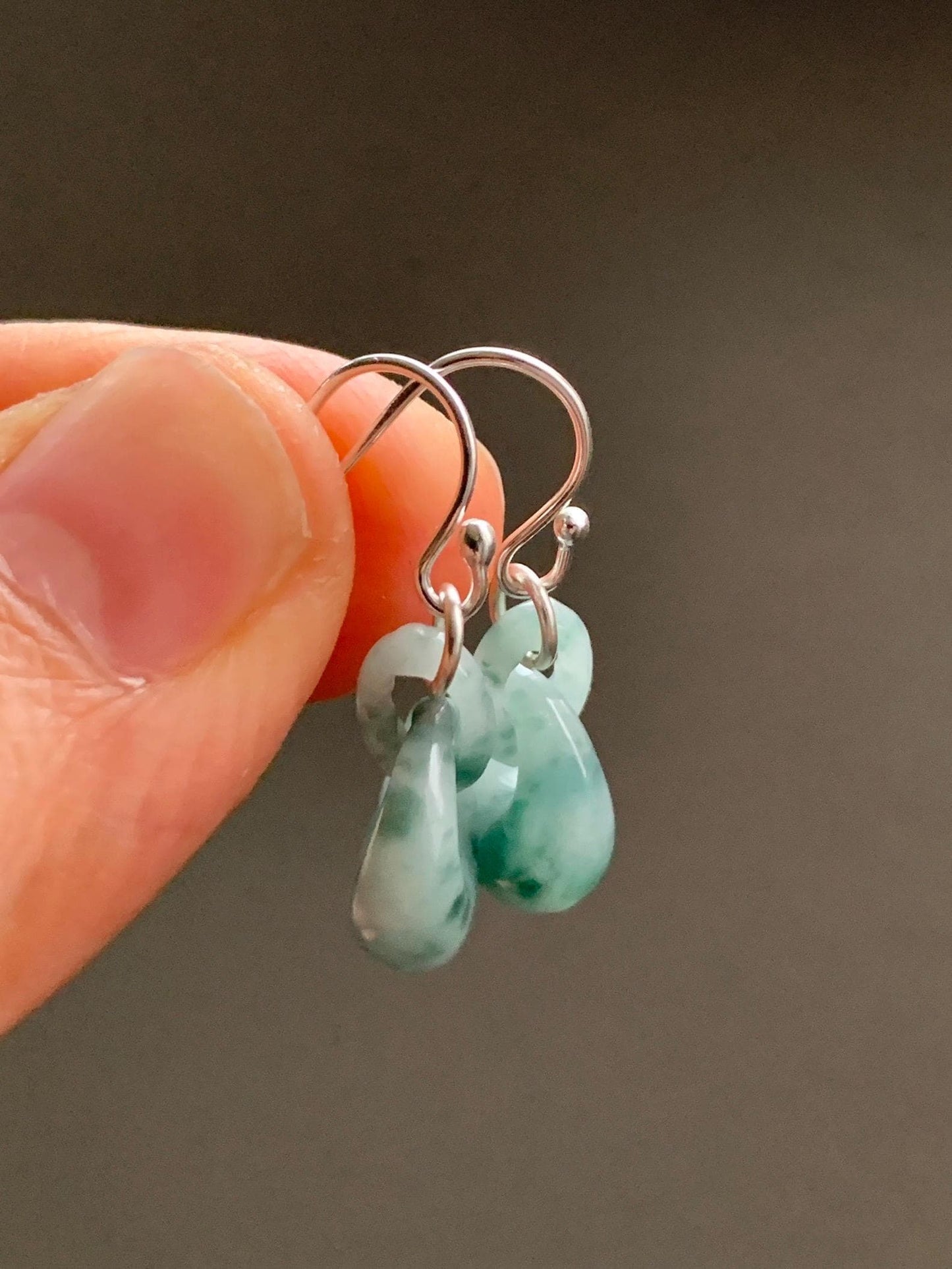 Natural Grade A Icy Translucent Teal Green Marbled Jadeite Locks w/ Interlocking Rings Dangle Earrings Sterling Silver 天然冰飘花翡翠锁包环环相扣银耳钩