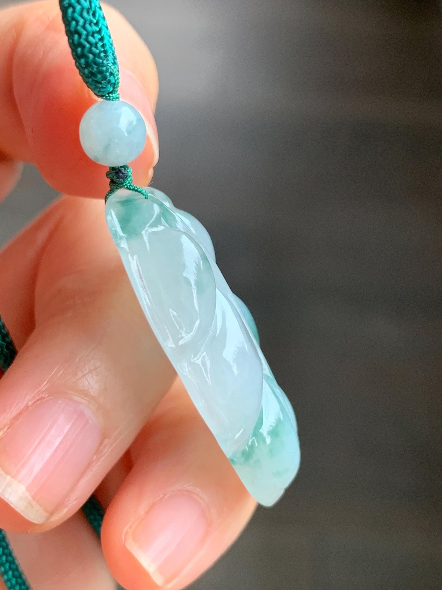 Natural Grade A Icy Translucent Gelatinous Green Marbled Jadeite Leaf Pendant Rope Necklace 25" Adjustable 8g 天然老种冰晴飘花翡翠大叶有成吊坠项链