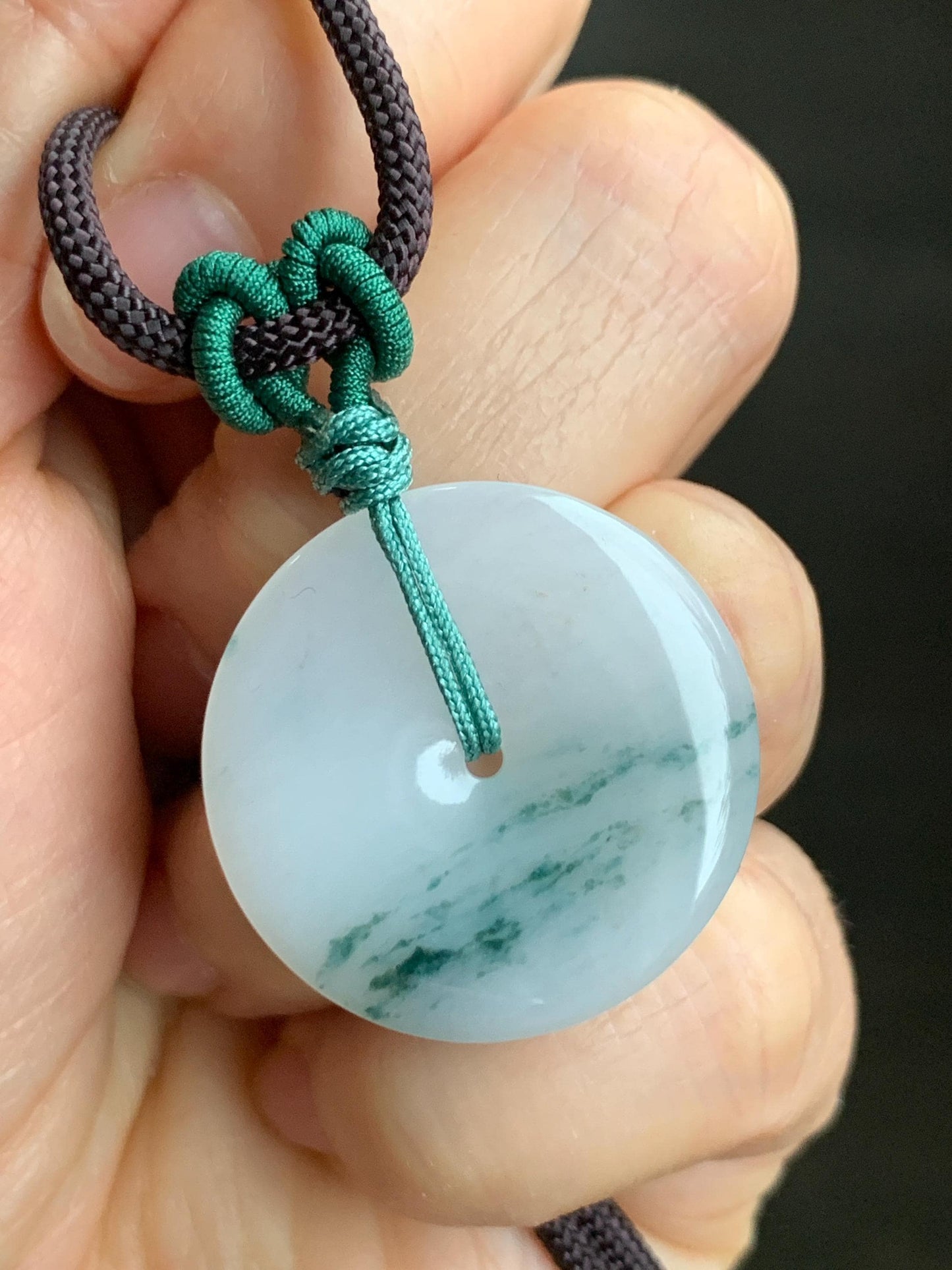 Certified Grade A Natural Icy Translucent Gelatinous White Green Marbled Jadeite Ping An Kou Donut Pendant Necklace 天然老种冰胶白飘花翡翠平安扣吊坠 7833