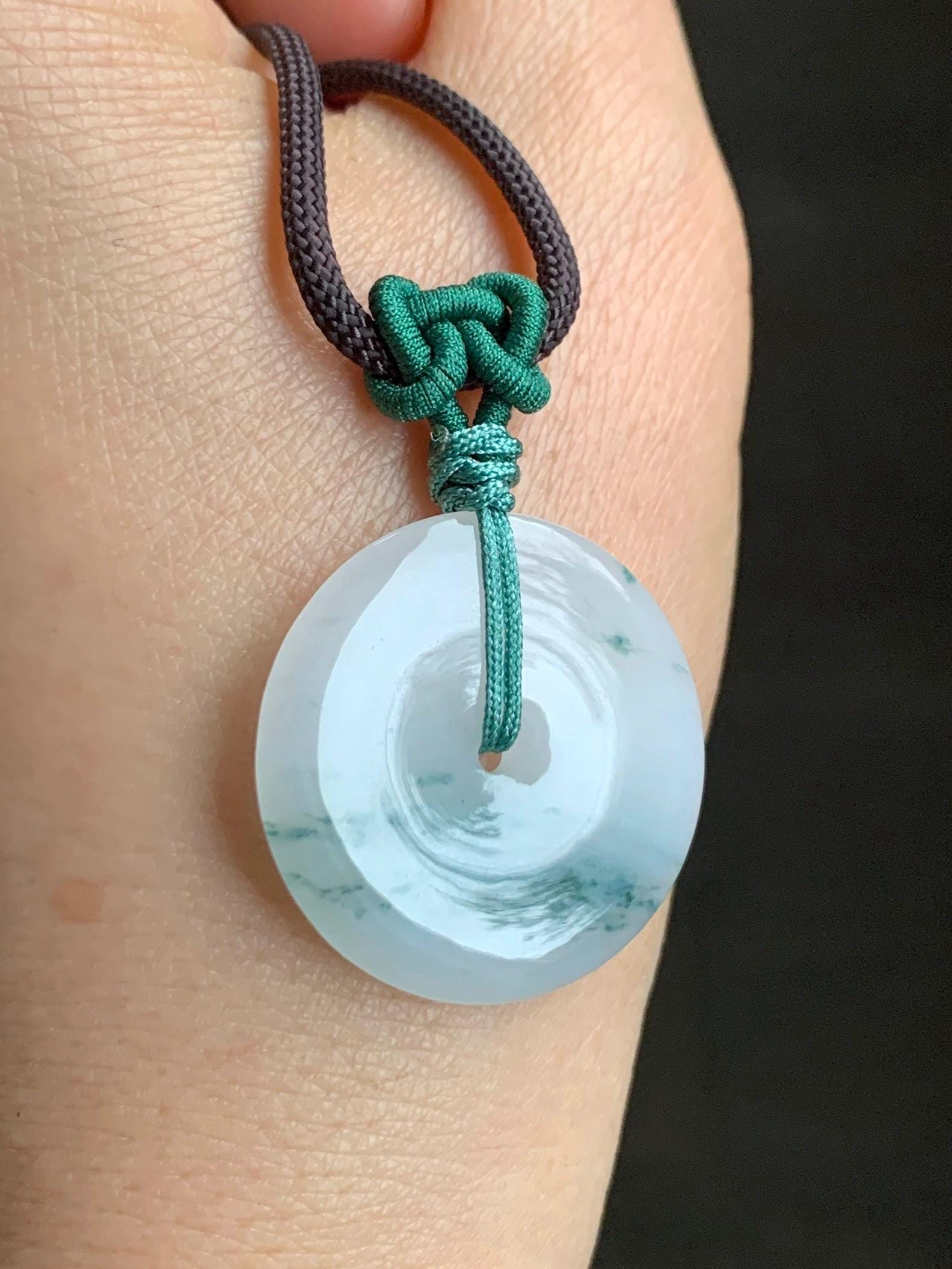 Certified Grade A Natural Icy Translucent Gelatinous White Green Marbled Jadeite Ping An Kou Donut Pendant Necklace 天然老种冰胶白飘花翡翠平安扣吊坠 7833