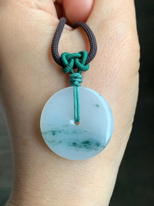 Certified Grade A Natural Icy Translucent Gelatinous White Green Marbled Jadeite Ping An Kou Donut Pendant Necklace 天然老种冰胶白飘花翡翠平安扣吊坠 7833