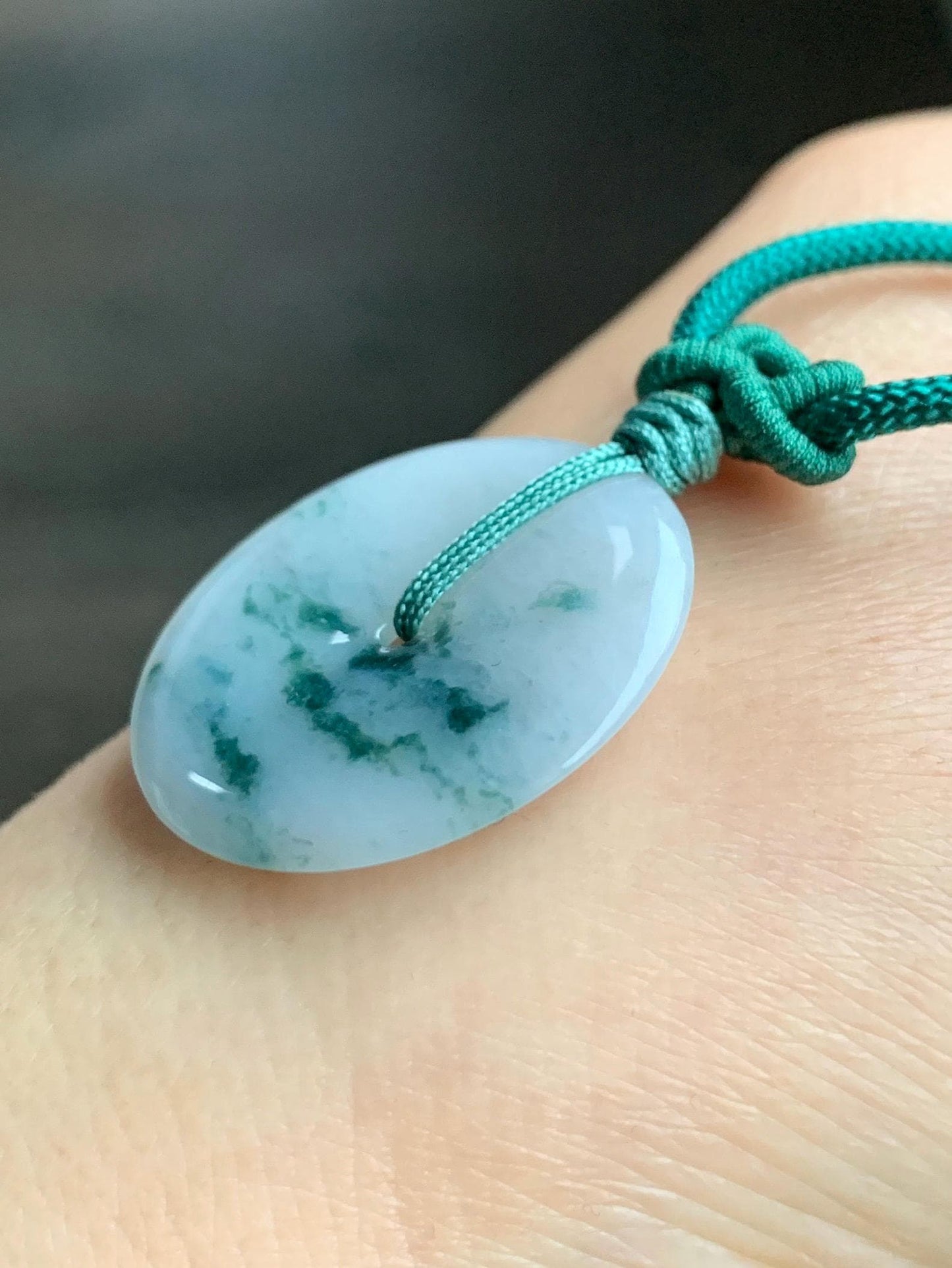 Certified Grade A Natural Icy Translucent Gelatinous White Green Marbled Jadeite Ping An Kou Donut Pendant Necklace 天然老种冰胶白飘花翡翠平安扣吊坠 7834