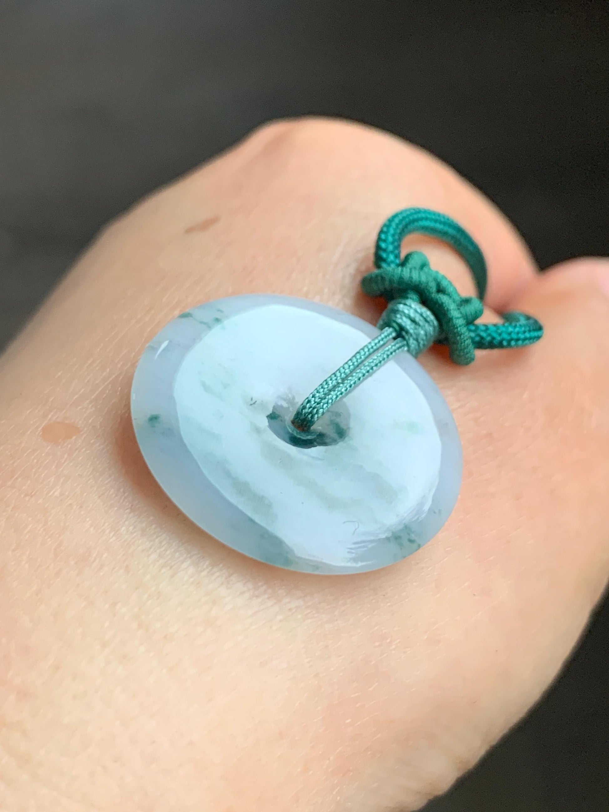 Certified Grade A Natural Icy Translucent Gelatinous White Green Marbled Jadeite Ping An Kou Donut Pendant Necklace 天然老种冰胶白飘花翡翠平安扣吊坠 7834