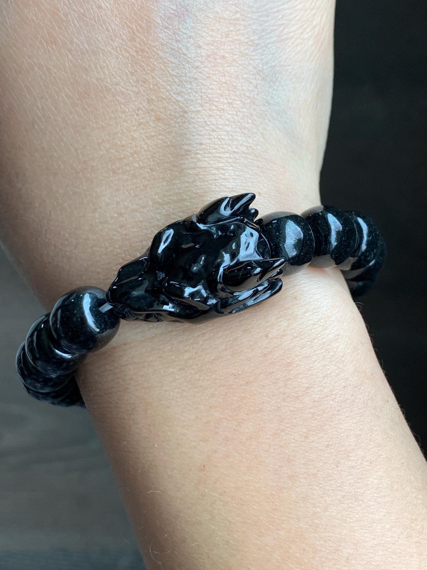 Natural Grade A Black Jadeite Carved Dragon Head & Jadeite Drum Beads Beaded Bracelet Stretchy 7.5" 50g 天然墨翠鼓珠龙头珠手串 JDL1227