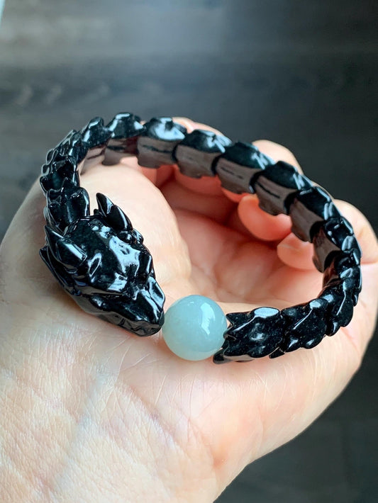 Natural Grade A Black Jadeite Carved Dragon Bone & Dragon Head Icy Translucent White Jadeite Bead Beaded Bracelet 7.5" 天然墨翠龙头龙骨冰翡翠珠手串 XSL121