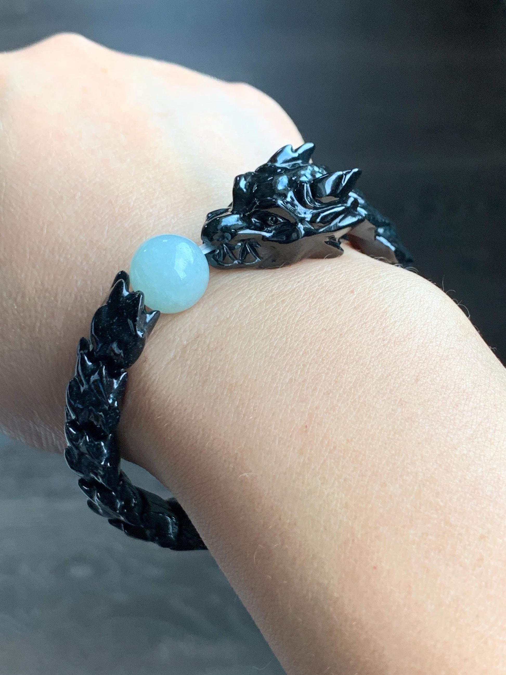 Natural Grade A Black Jadeite Carved Dragon Bone & Dragon Head Icy Translucent White Jadeite Bead Beaded Bracelet 7.5" 天然墨翠龙头龙骨冰翡翠珠手串 XSL121
