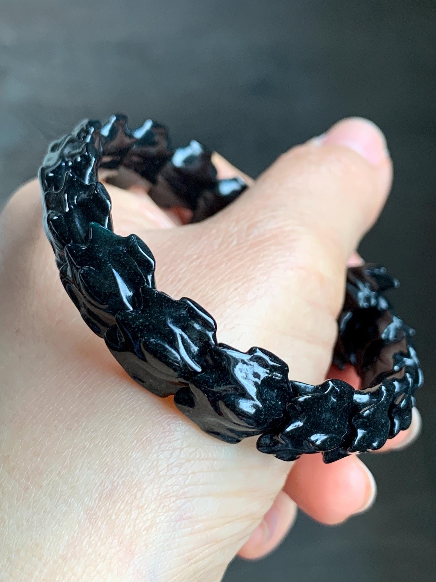 Natural Grade A Black Jadeite Carved Dragon Bone & Dragon Head Icy Translucent White Jadeite Bead Beaded Bracelet 7.5" 天然墨翠龙头龙骨冰翡翠珠手串 XSL121