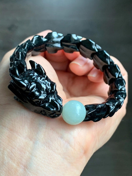 Natural Grade A Black Jadeite Carved Dragon Bone & Dragon Head Icy Translucent White Jadeite Bead Beaded Bracelet 7" 天然墨翠龙头龙骨冰翡翠珠手串 LSL1215