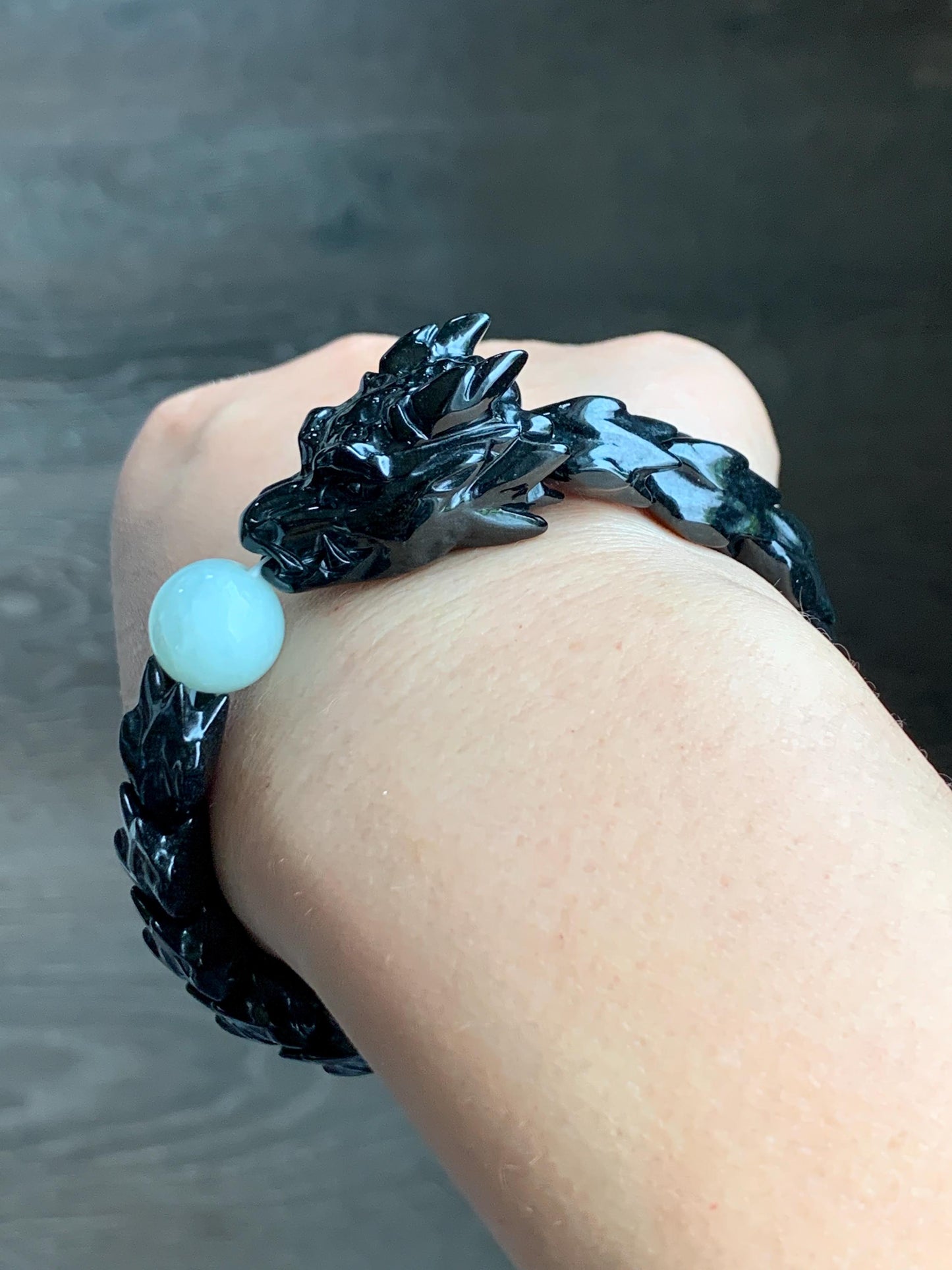 Natural Grade A Black Jadeite Carved Dragon Bone & Dragon Head Icy Translucent White Jadeite Bead Beaded Bracelet 7" 天然墨翠龙头龙骨冰翡翠珠手串 LSL1215