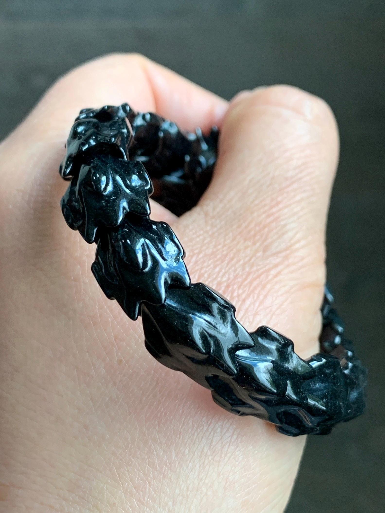Natural Grade A Black Jadeite Carved Dragon Bone & Dragon Head Icy Translucent White Jadeite Bead Beaded Bracelet 7" 天然墨翠龙头龙骨冰翡翠珠手串 LSL1215